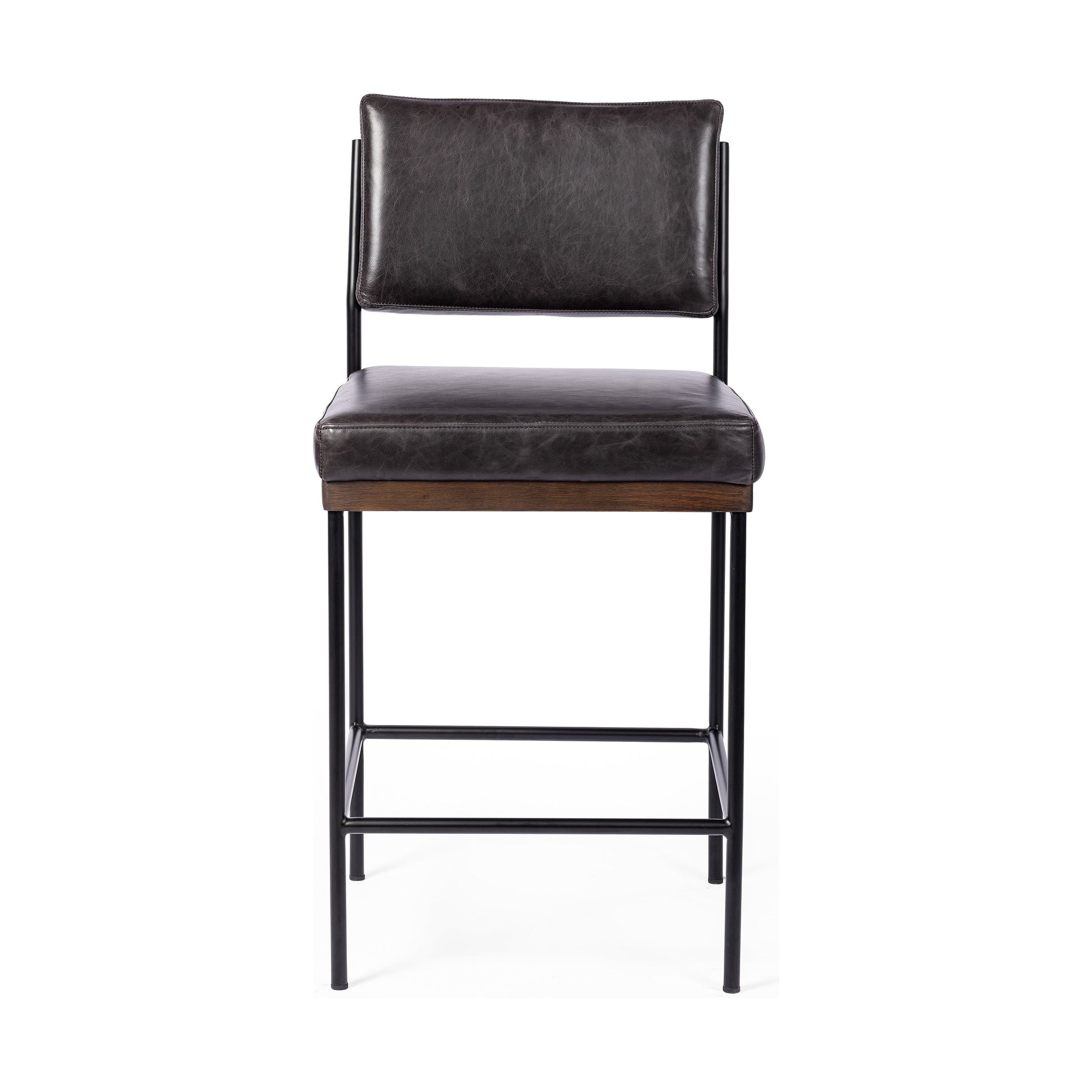 Simple and streamlined with thoughtful details. Slim, black-finished iron frame with solid oak decking, plus black top-grain leather seating for modernity. A stylish staple for any counter. Amethyst Home provides interior design, new construction, custom furniture, and area rugs in the Houston metro area.