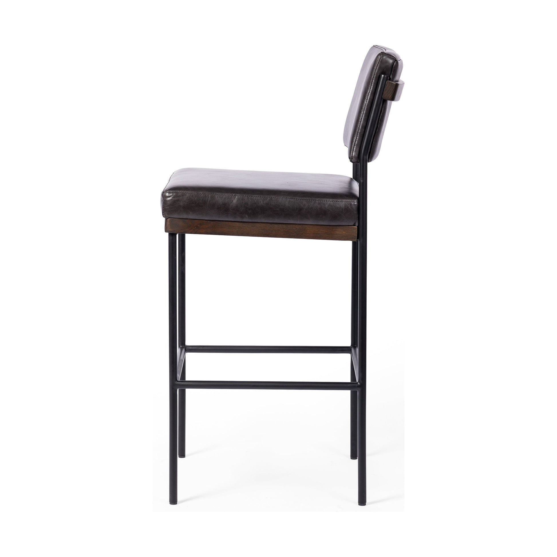Simple and streamlined with thoughtful details. Slim, black-finished iron frame with solid oak decking, plus black top-grain leather seating for modernity. A stylish staple for any counter. Amethyst Home provides interior design, new construction, custom furniture, and area rugs in the Los Angeles metro area.