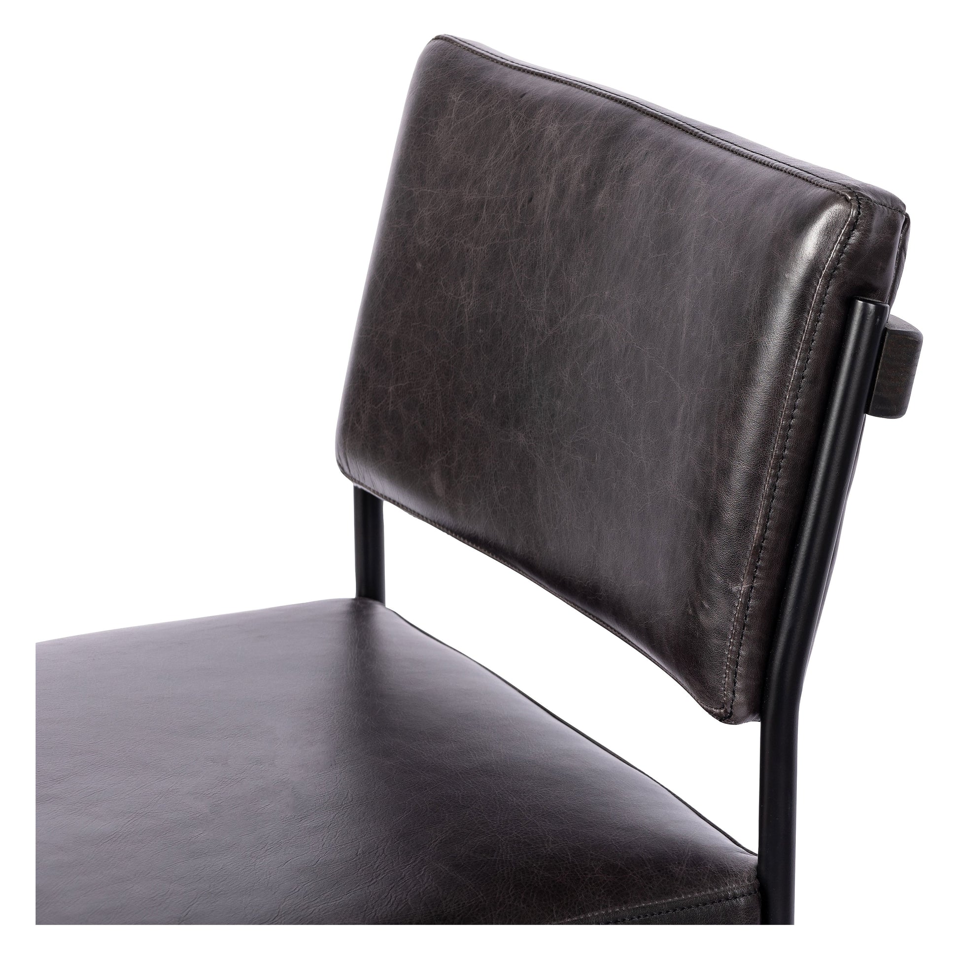 Simple and streamlined with thoughtful details. Slim, black-finished iron frame with solid oak decking, plus black top-grain leather seating for modernity. A stylish staple for any counter. Amethyst Home provides interior design, new construction, custom furniture, and area rugs in the Miami metro area.