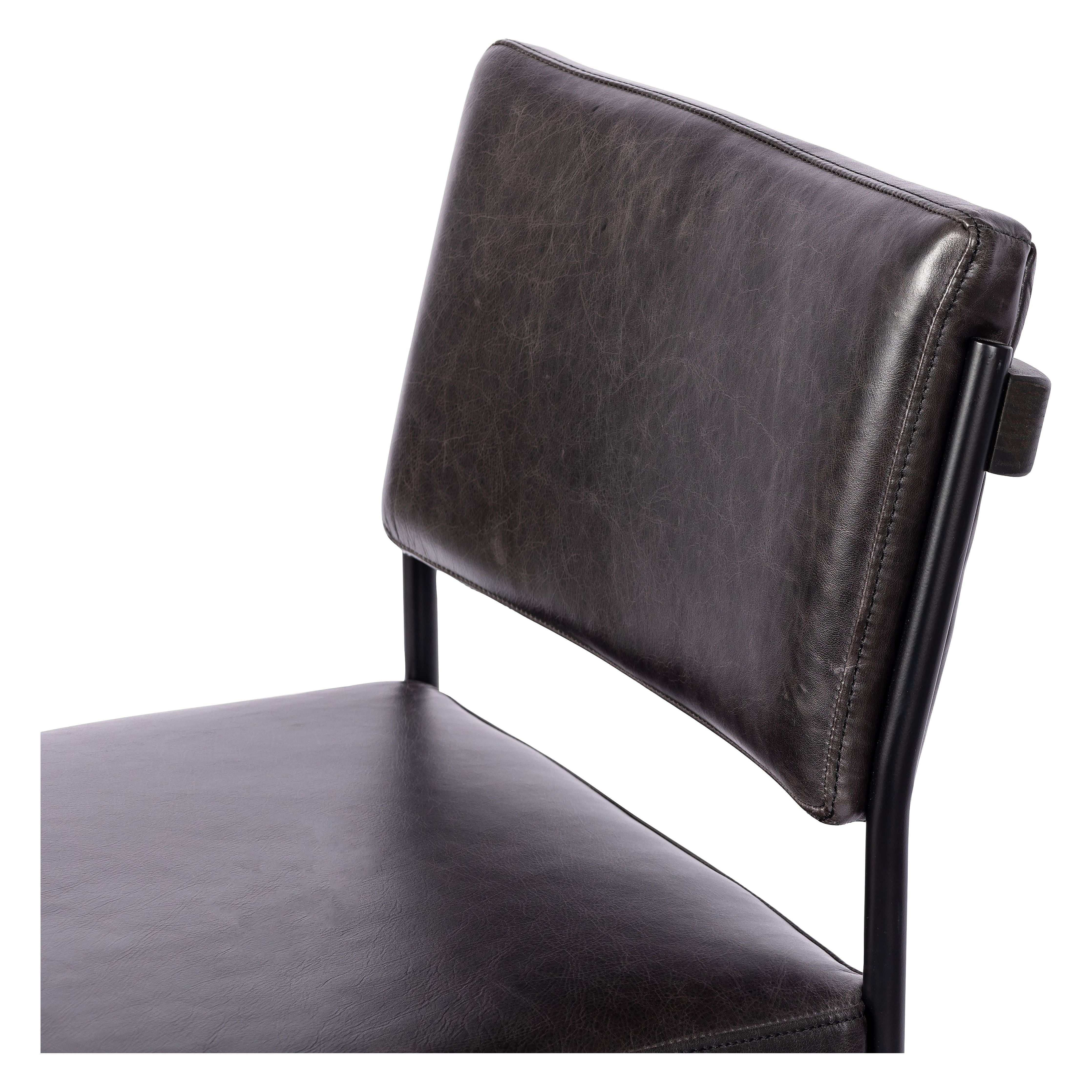 Simple and streamlined with thoughtful details. Slim, black-finished iron frame with solid oak decking, plus black top-grain leather seating for modernity. A stylish staple for any counter. Amethyst Home provides interior design, new construction, custom furniture, and area rugs in the Miami metro area.