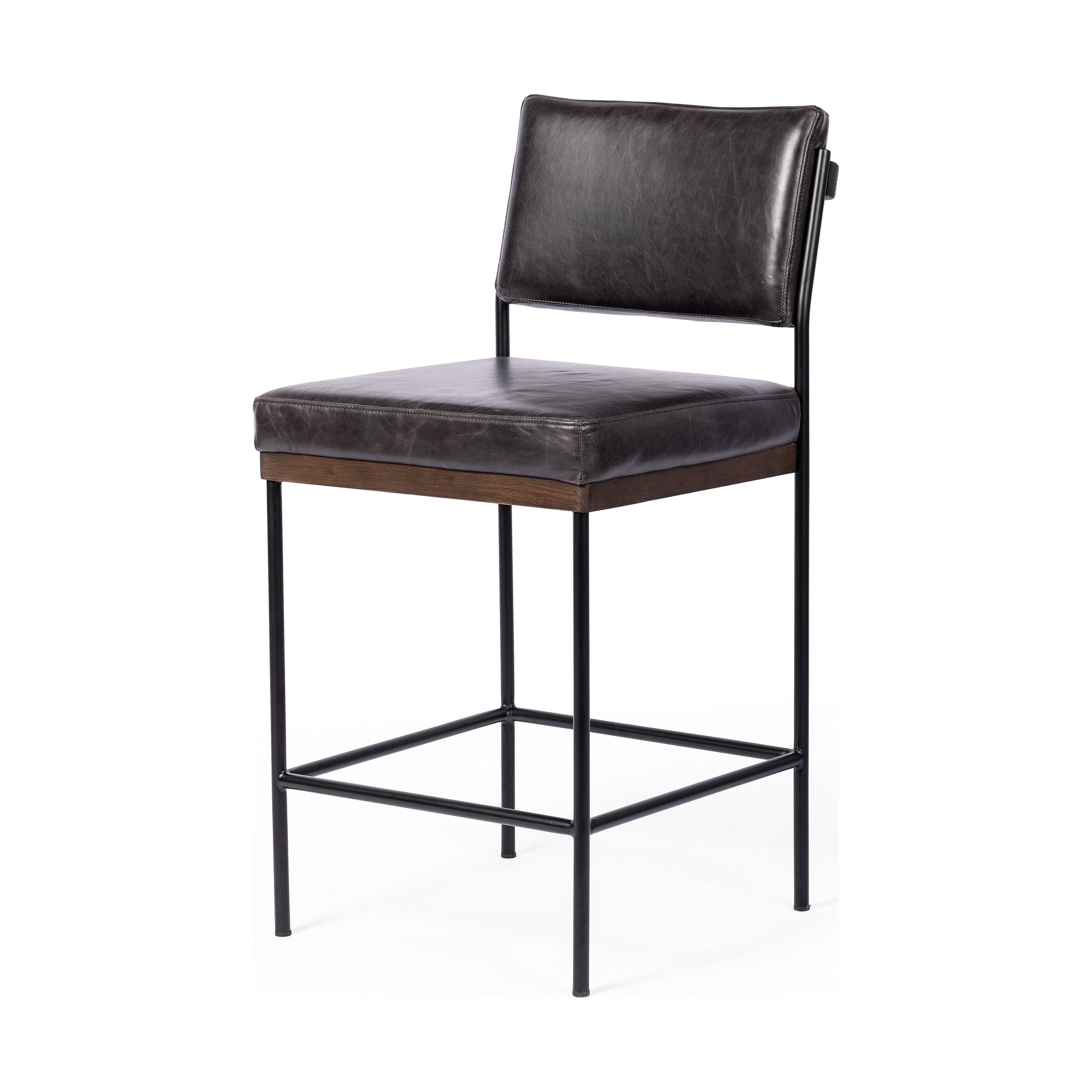 Simple and streamlined with thoughtful details. Slim, black-finished iron frame with solid oak decking, plus black top-grain leather seating for modernity. A stylish staple for any counter. Amethyst Home provides interior design, new construction, custom furniture, and area rugs in the Monterey metro area.
