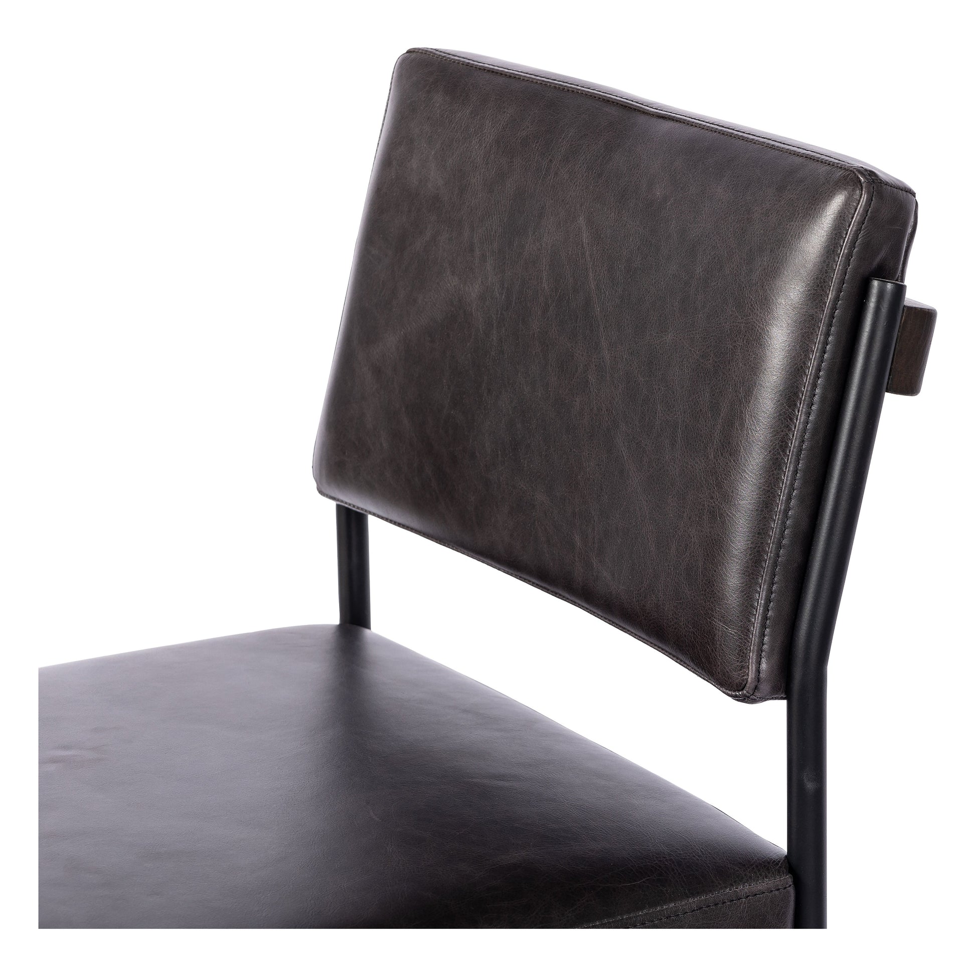Simple and streamlined with thoughtful details. Slim, black-finished iron frame with solid oak decking, plus black top-grain leather seating for modernity. A stylish staple for any counter. Amethyst Home provides interior design, new construction, custom furniture, and area rugs in the Nashville metro area.