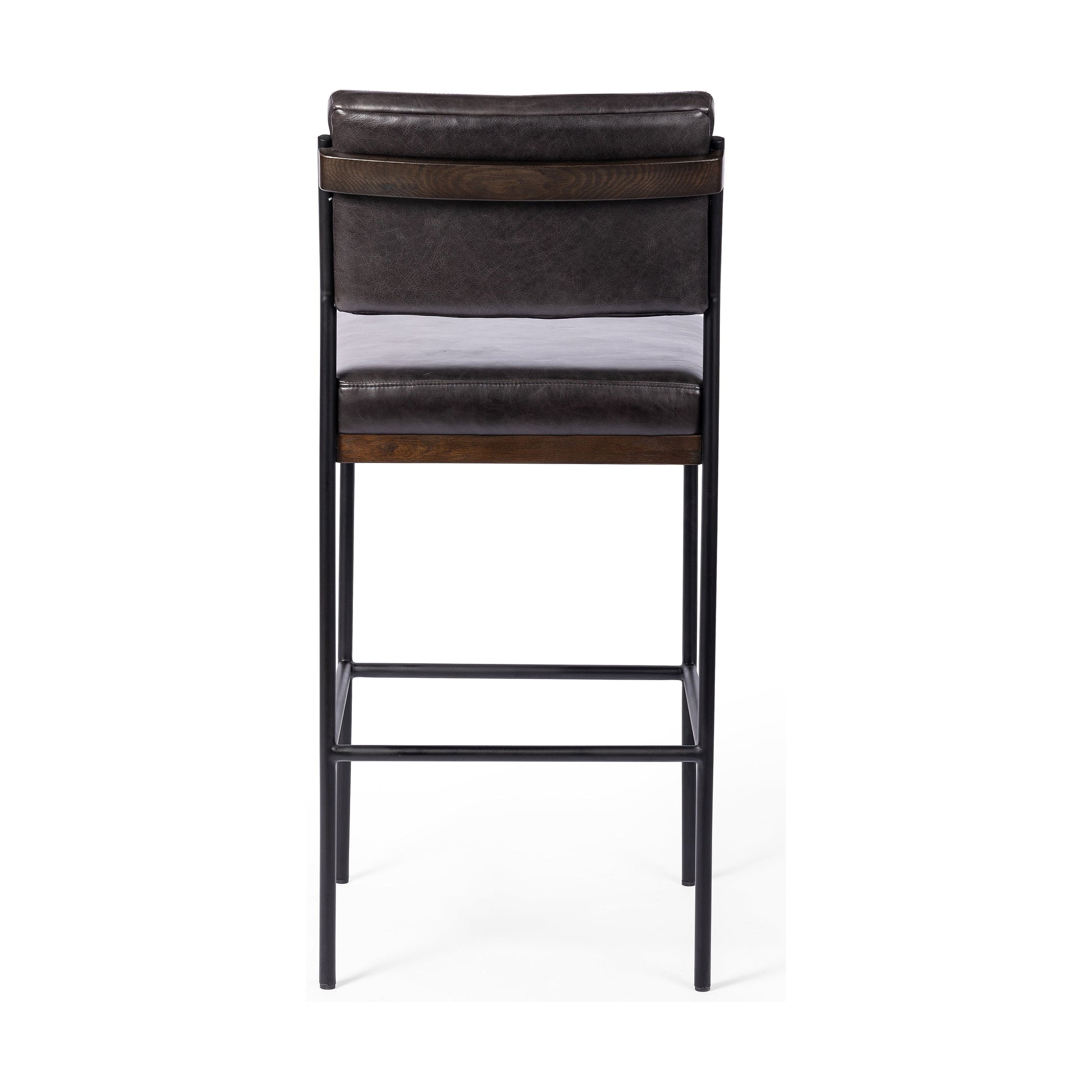 Simple and streamlined with thoughtful details. Slim, black-finished iron frame with solid oak decking, plus black top-grain leather seating for modernity. A stylish staple for any counter. Amethyst Home provides interior design, new construction, custom furniture, and area rugs in the Omaha metro area.
