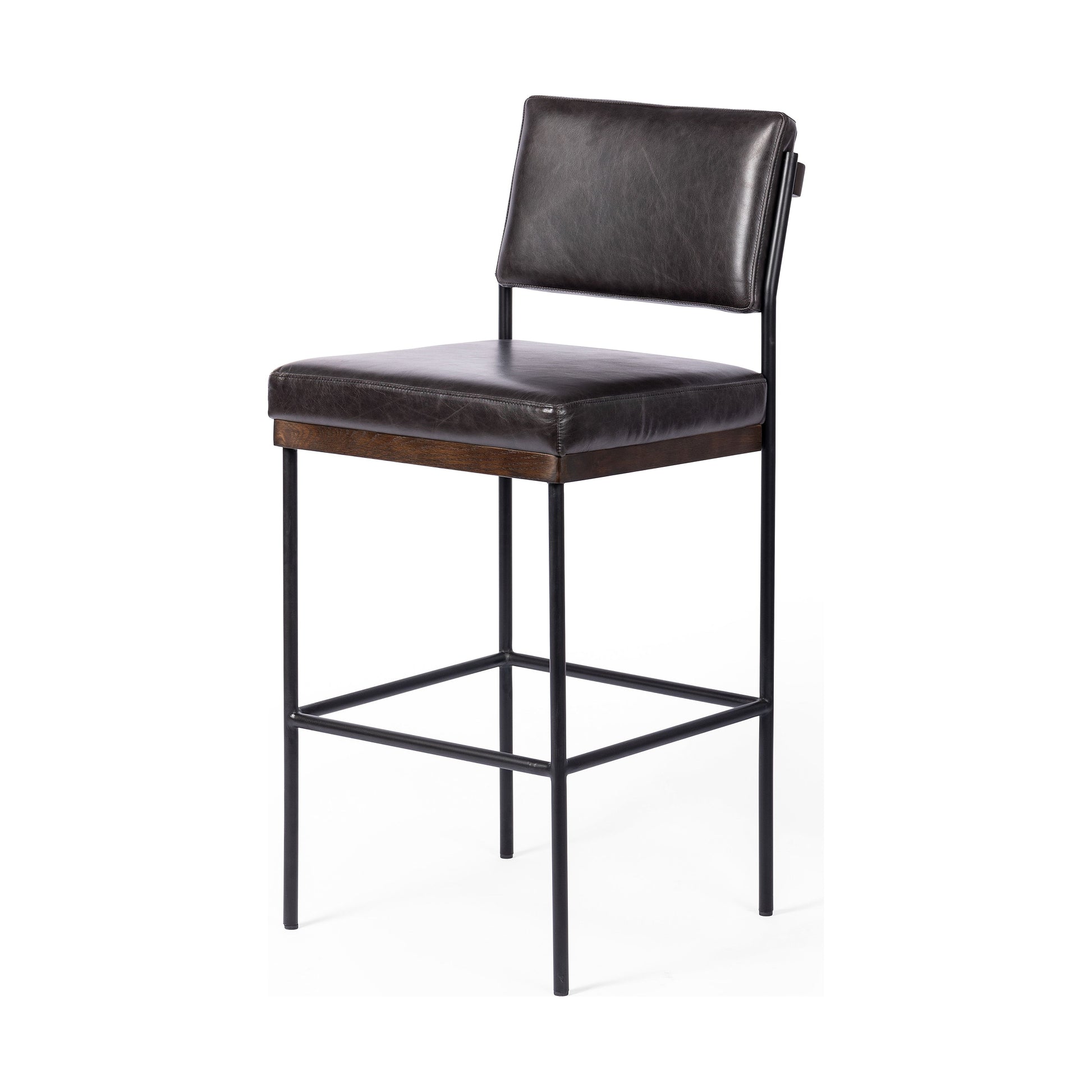 Simple and streamlined with thoughtful details. Slim, black-finished iron frame with solid oak decking, plus black top-grain leather seating for modernity. A stylish staple for any counter. Amethyst Home provides interior design, new construction, custom furniture, and area rugs in the Tampa metro area.