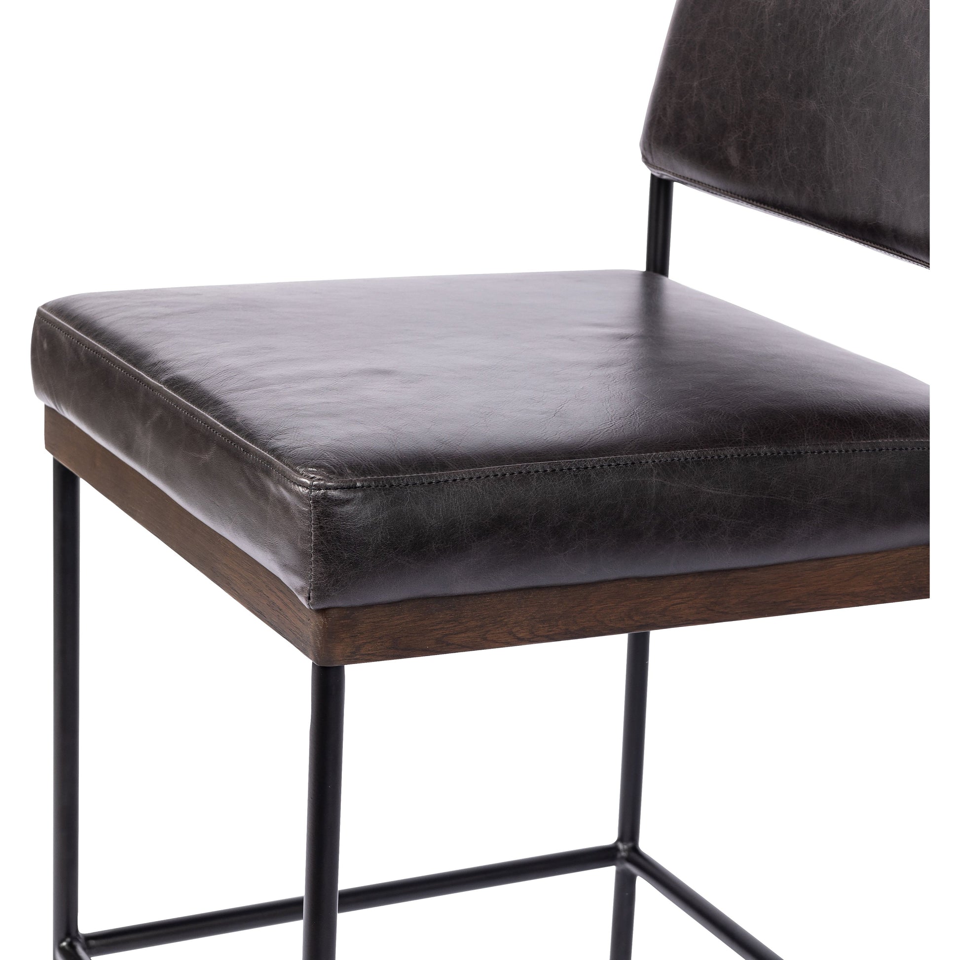 Simple and streamlined with thoughtful details. Slim, black-finished iron frame with solid oak decking, plus black top-grain leather seating for modernity. A stylish staple for any counter. Amethyst Home provides interior design, new construction, custom furniture, and area rugs in the Washington metro area.