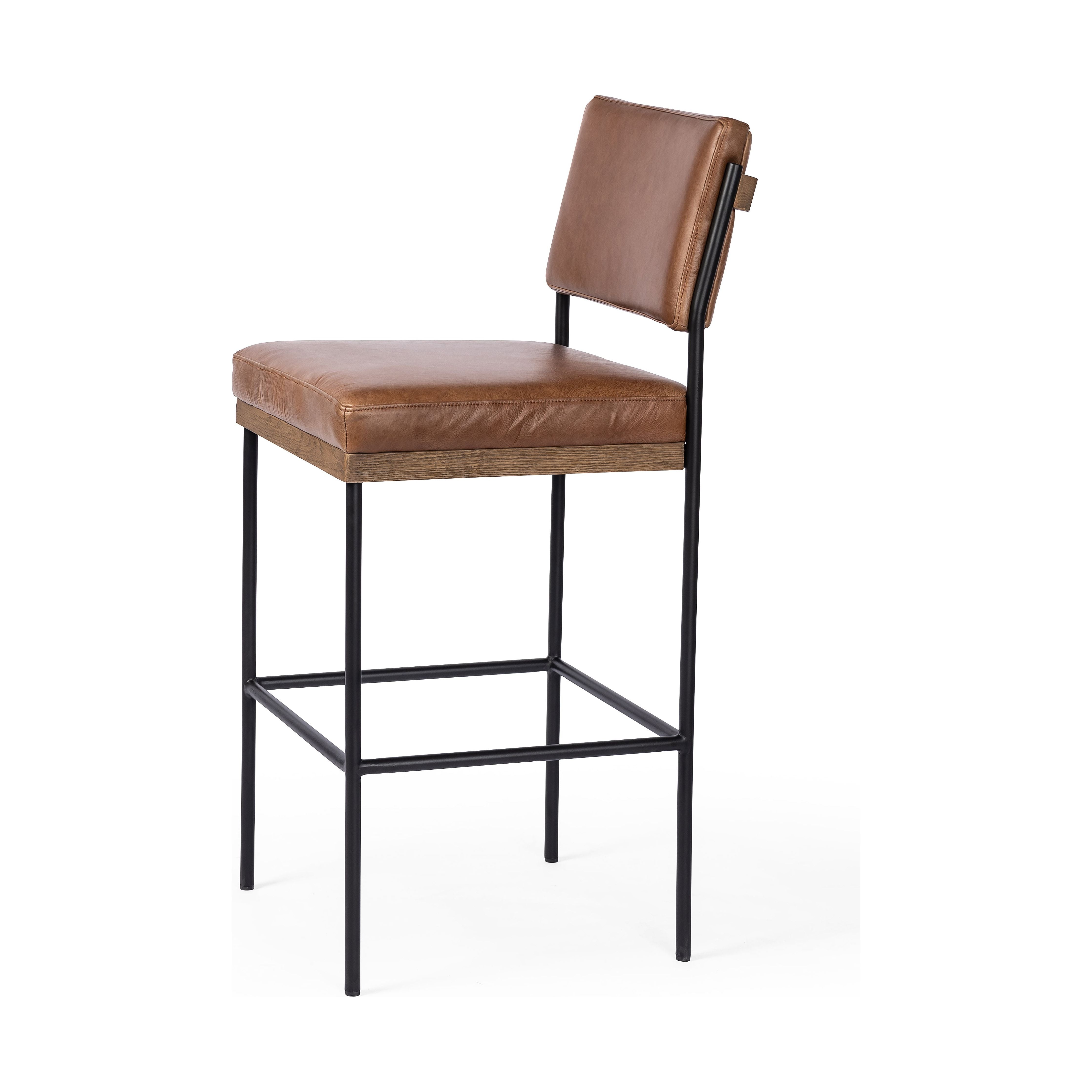 Simple and streamlined with thoughtful details. Slim, black-finished round stock iron solid wood decking, plus tan top-grain leather seating for modernity. A stylish staple for any counter. Amethyst Home provides interior design, new construction, custom furniture, and area rugs in the Portland metro area.