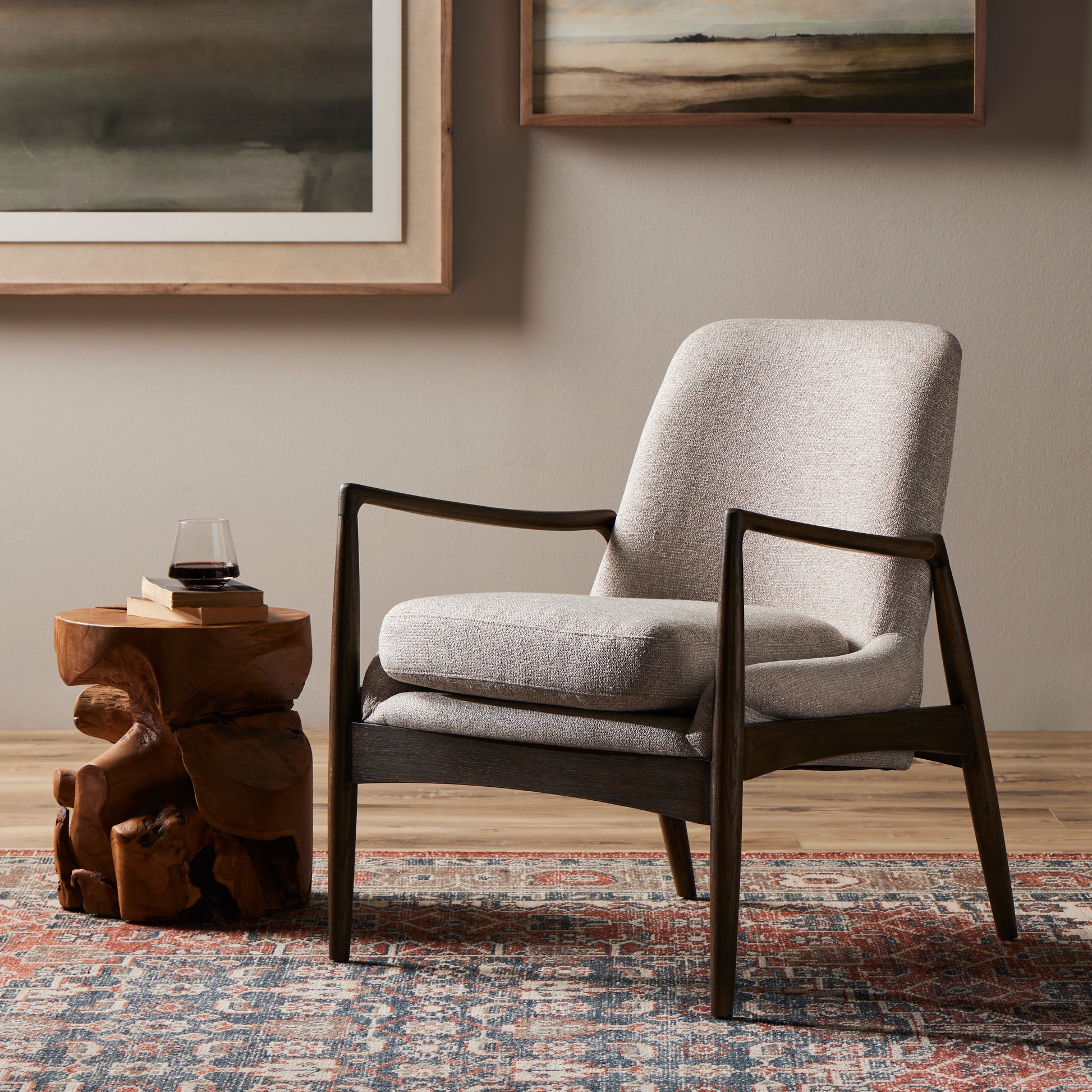 Dramatic arms and a deeper seat offer relaxation with mid-century modern sophistication. Sculpted frame adds an architectural feel to light camel upholstery. Amethyst Home provides interior design, new construction, custom furniture, and area rugs in the Salt Lake City metro area.