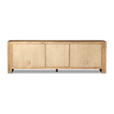 A large, waterfall-style sideboard inspired by Chinese antiques is made from solid pine with a light, distressed finish and butterfly joint connections. Rear cutouts for cord management.Collection: Well Amethyst Home provides interior design, new home construction design consulting, vintage area rugs, and lighting in the Boston metro area.