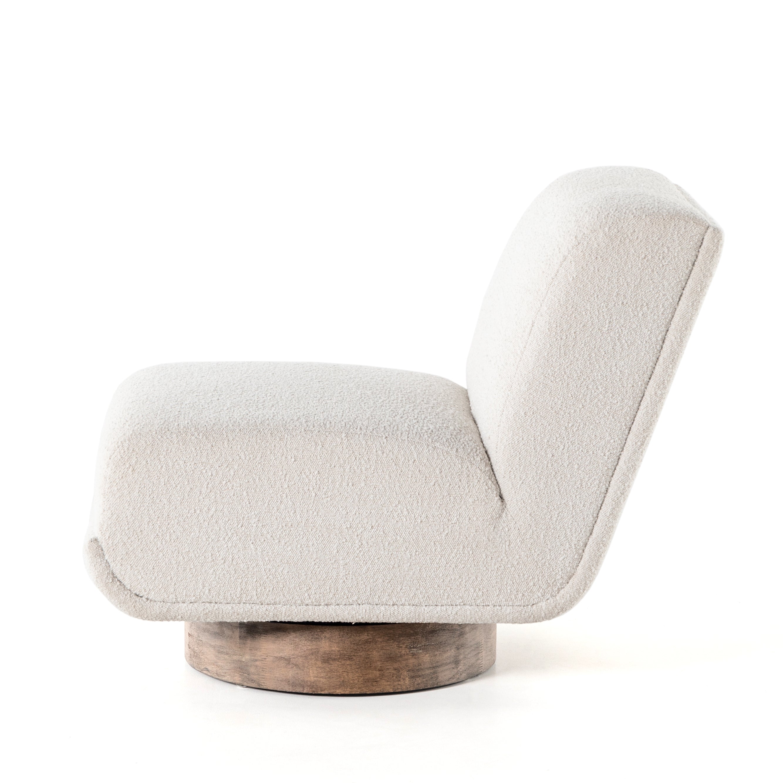 A stylish play on function. With chunky, cream-colored upholstery, armless accent seating tops a parawood 360-degree swivel base, wire-brushed for vintage vibes. Option to pair with matching side table, which can be fastened or removed from either side with ease. Amethyst Home provides interior design, new construction, custom furniture, and area rugs in the Dallas metro area.