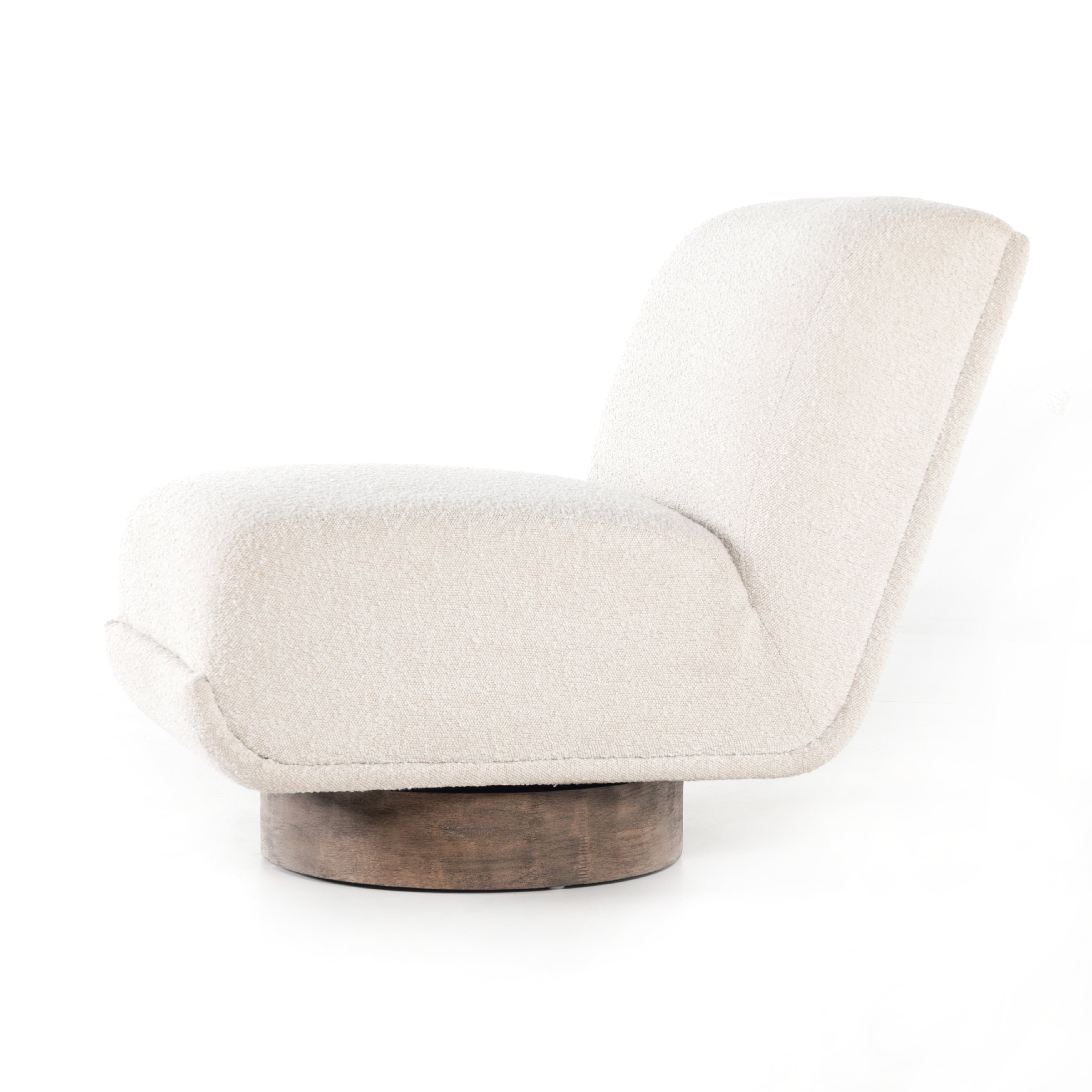 Featuring Bronwyn Knoll Natural Swivel Chair by Four Hands at Amethyst Home. A stylish play on function. With chunky, cream-colored upholstery, armless accent seating tops a parawood 360-degree swivel base, wire-brushed for vintage vibes. Option to pair with matching side table, which can be fastened or removed from either side with ease.Overall Dimensions: 25"W x 39"L x 31.5. Amethyst Home provides interior design, new construction, custom furniture, and area rugs in the Winter Garden metro area.