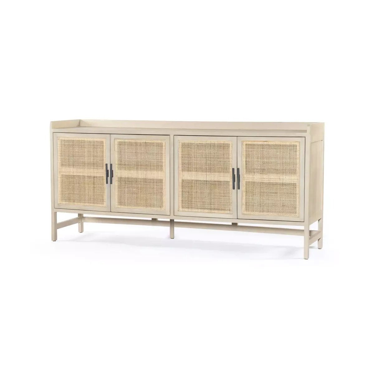 Monochromatic with a textural twist. Natural mango frames woven cane fronts, with black iron hardware for subtle contrast. Inside, spacious shelving awaits storage of dinnerware and more Amethyst Home provides interior design, new home construction design consulting, vintage area rugs, and lighting in the Kansas City metro area.