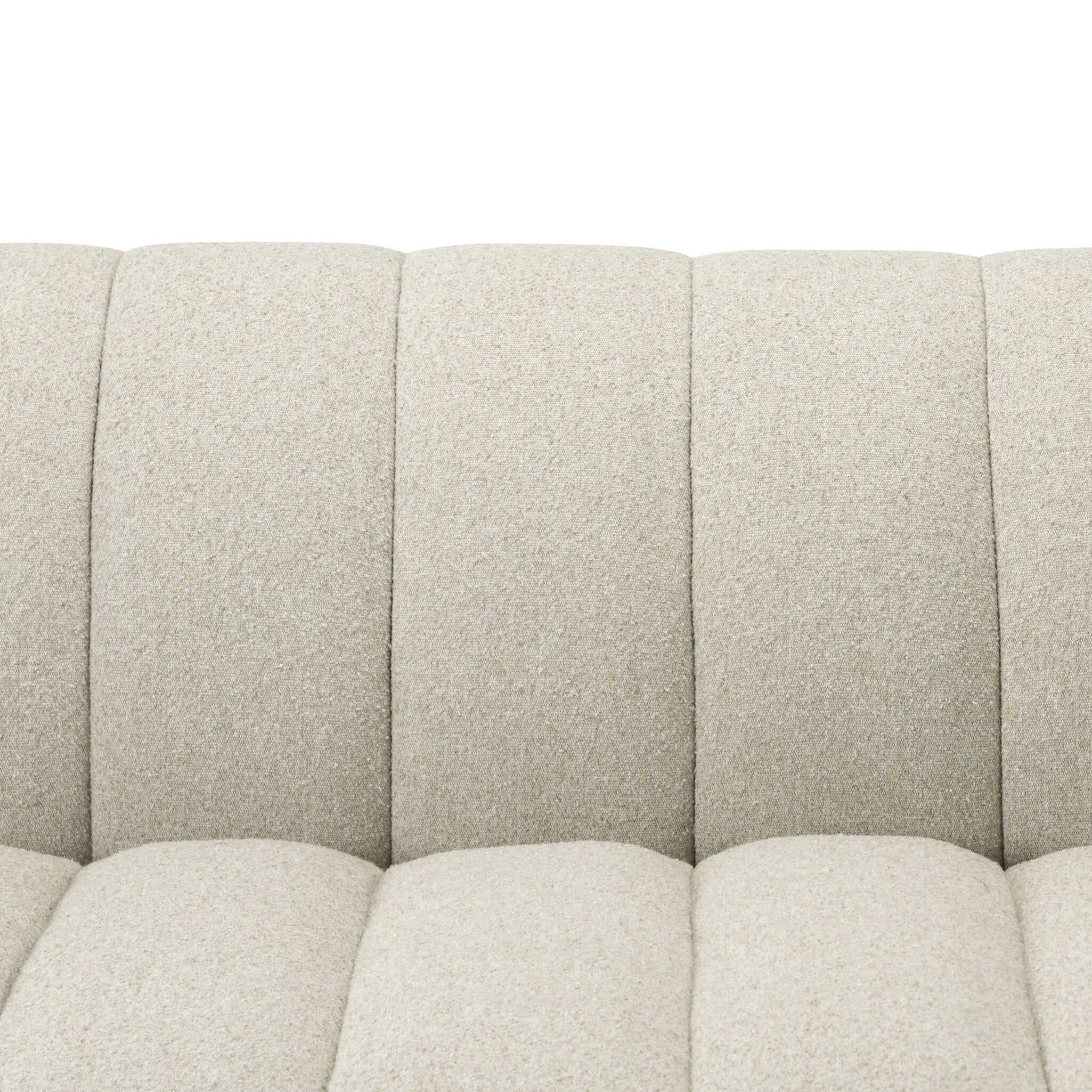 Featuring Carina Weslie Flax Sofa by Four Hands at Amethyst Home. Grand in scale and comfort, this plush sofa features wide dramatic channeling for extra volume and a cloud-like look and sit. Covered in a recycled olefin fabric, known for its UV-resistant, water-repellent and quick-drying abilities, in a Turkish weave with a classic tweed feel.
Overall Dime. Amethyst Home provides interior design, new home construction design consulting, vintage area rugs, and lighting in the Charlotte metro area.