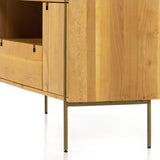 Style meets simplicity in this Danish-inspired design. A light solid oak console features squared iron hardware finished in a satin brass, bringing ample space to modern media storage. Posterior cutouts for cord management. Amethyst Home provides interior design, new construction, custom furniture, and area rugs in the Monterey metro area.