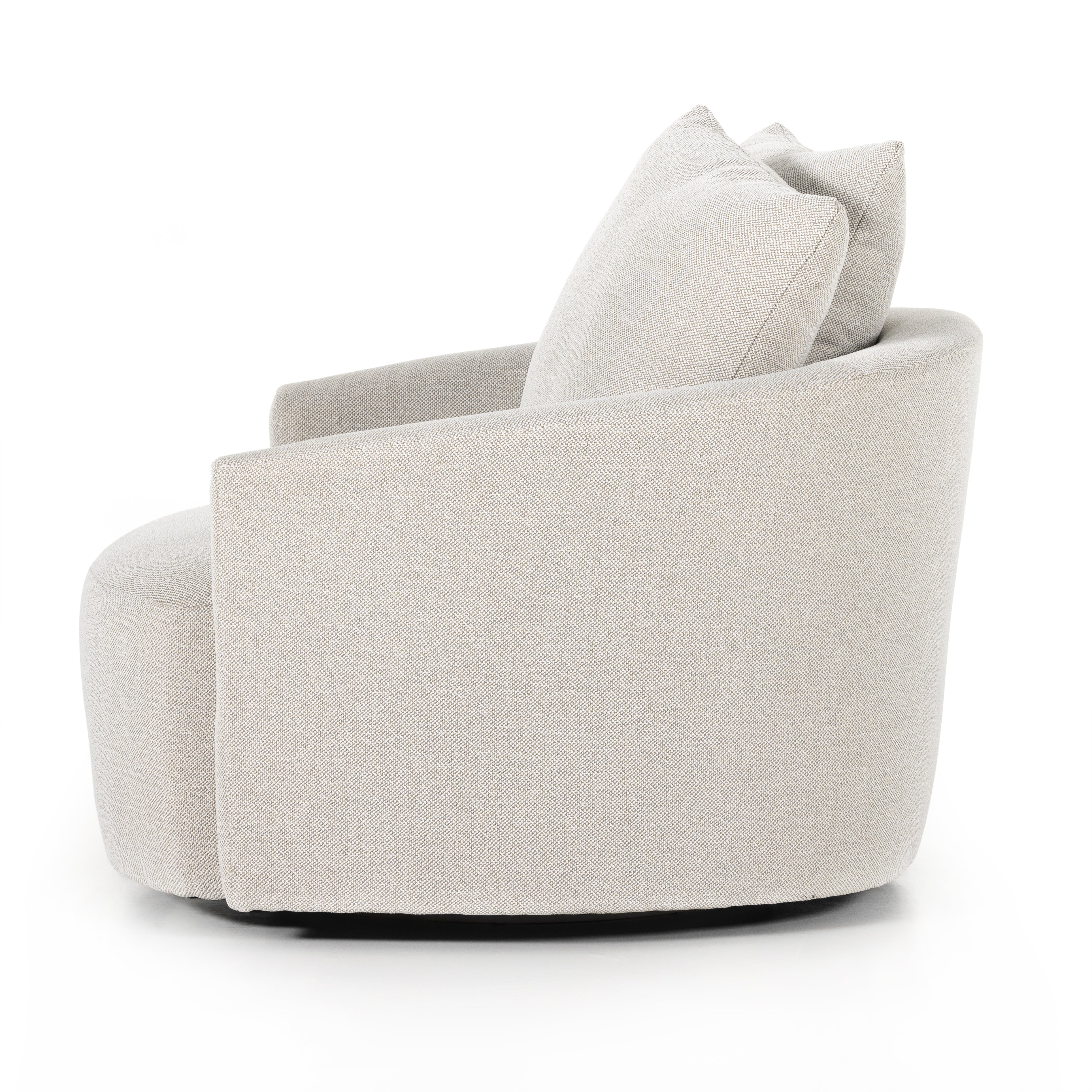 Featuring Chloe Delta Bisque Swivel Chair by Four Hands at Amethyst Home. Neutral performance fabric covers a dramatic U shape for a sink-in sit. Throw pillows add a touch of comfort to this 360-degree swivel chair. Performance fabrics are specially created to withstand spills, stains, high traffic and wear, ensuring long-term comfort and unmatched durability.Overall Dimensions: 4. Amethyst Home provides interior design, new construction, custom furniture, and area rugs in the Monterey metro area.