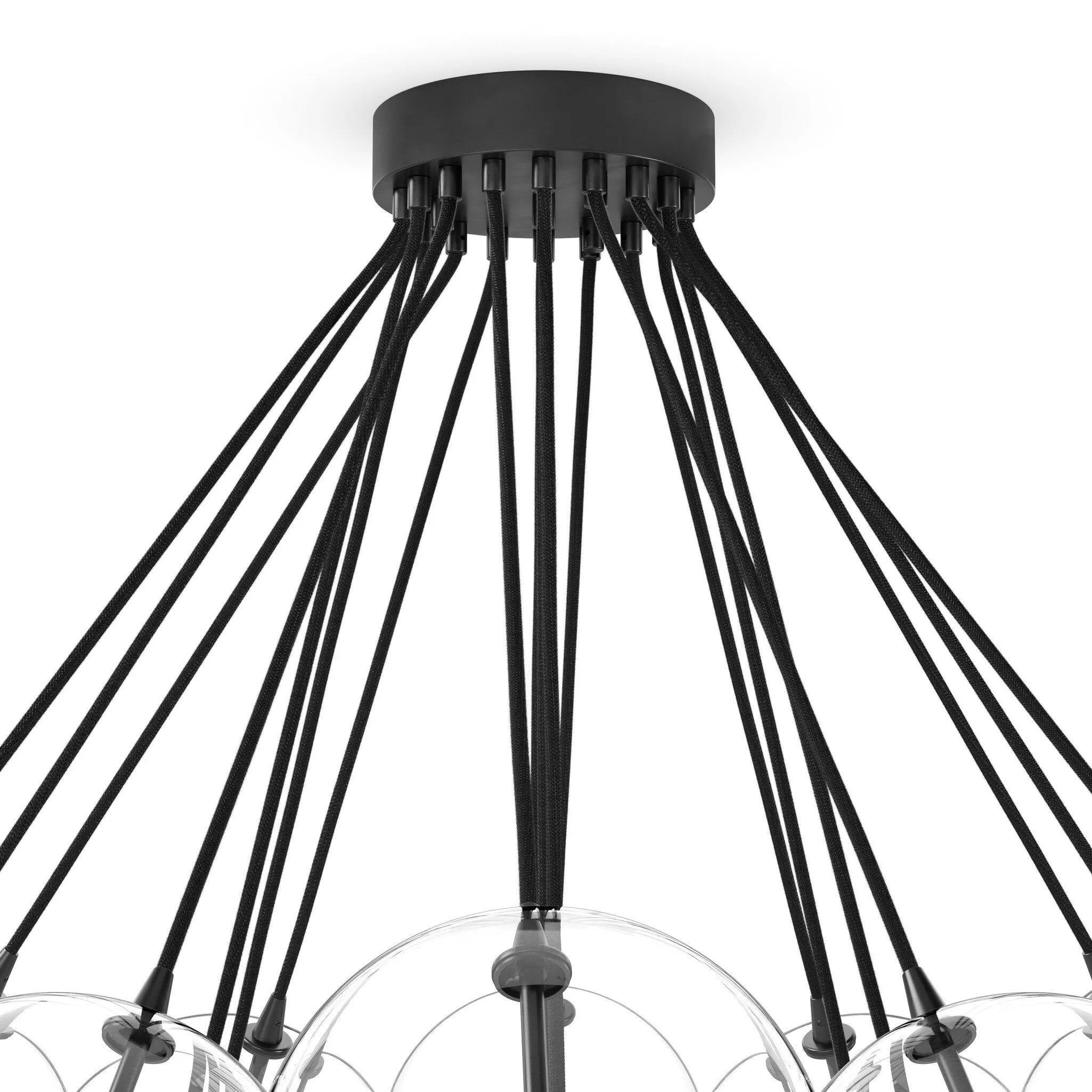 Clear glass bulbs dangle for a statement-making centerpiece. Each globe is individually blown, shaped and sculpted by hand through a one-hour process. The finish on the brass frame is achieved through a specialized process that turns the brass into an almost black hue before the rod is polished smooth. Brass and glass are 98% recyclable. Amethyst Home provides interior design, new home construction design consulting, vintage area rugs, and lighting in the Winter Garden metro area.