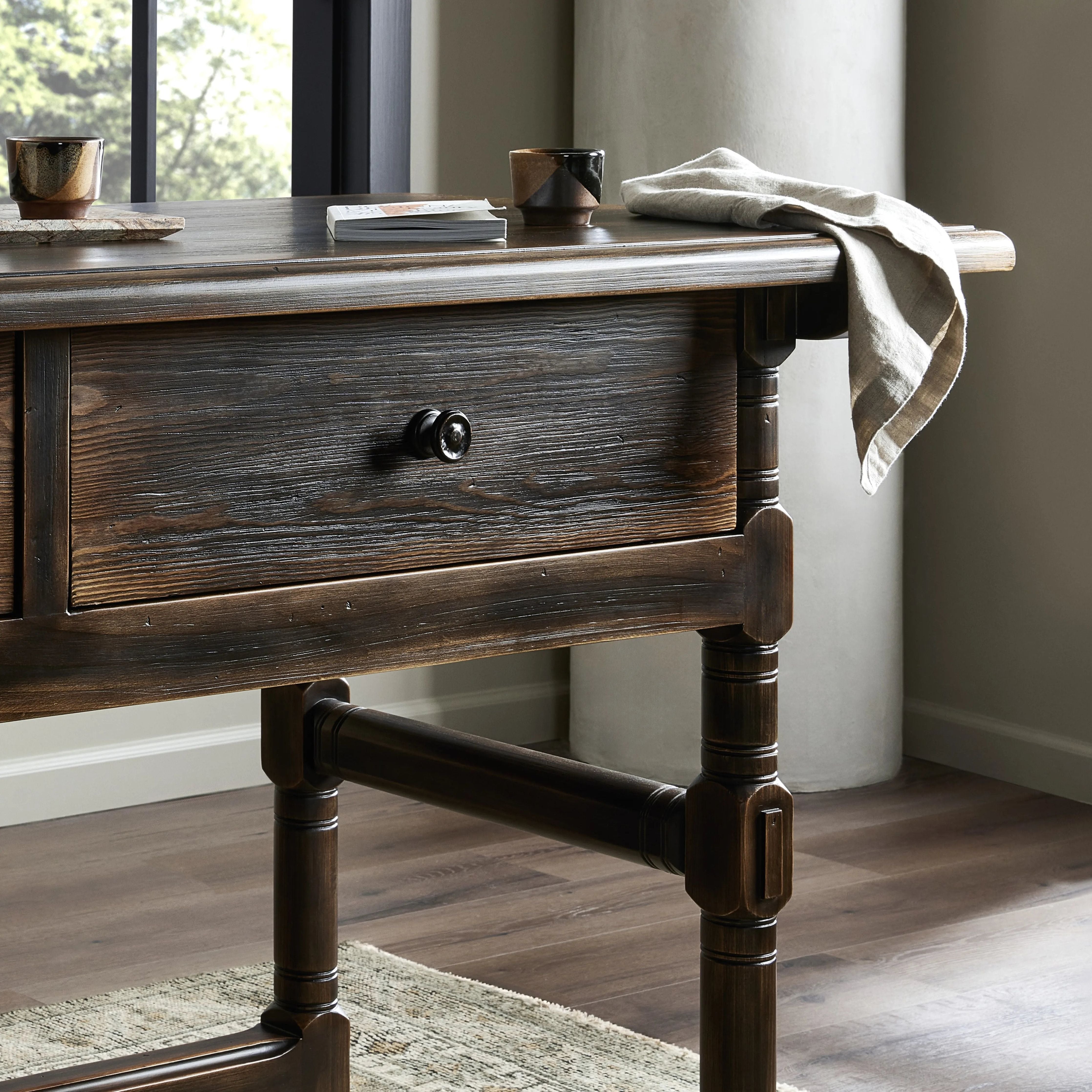 Featuring Colonial Aged Brown Table by Four Hands at Amethyst Home. Made from solid pine From the makers at Van Thiel: One-of-a-kind antique-inspired pieces crafted from solid wood with hand-applied finishes. This console creatively doubles as a kitchen island.Overall Dimensions: 26.5"W x 70"L x 36"H
Collection: Van ThielColors: Aged Bronze ,Aged Brown ,Aged B. Amethyst Home provides interior design, new home construction design consulting, vintage area rugs, and lighting in the Boston metro area.
