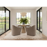 Introducing the Cove Heather Twill Stone Dining Chair, a stylish and feminine update to the traditional barrel chair. The heather twill adds texture and elegance to the design, making it the perfect addition to any modern coastal-inspired home design. Paired with Surya rugs, this chair will transform your dining room into a cozy and inviting space. Whether you're in Nashville, Florida, or Utah, this chair is a must-have for any home design that values both style and comfort.