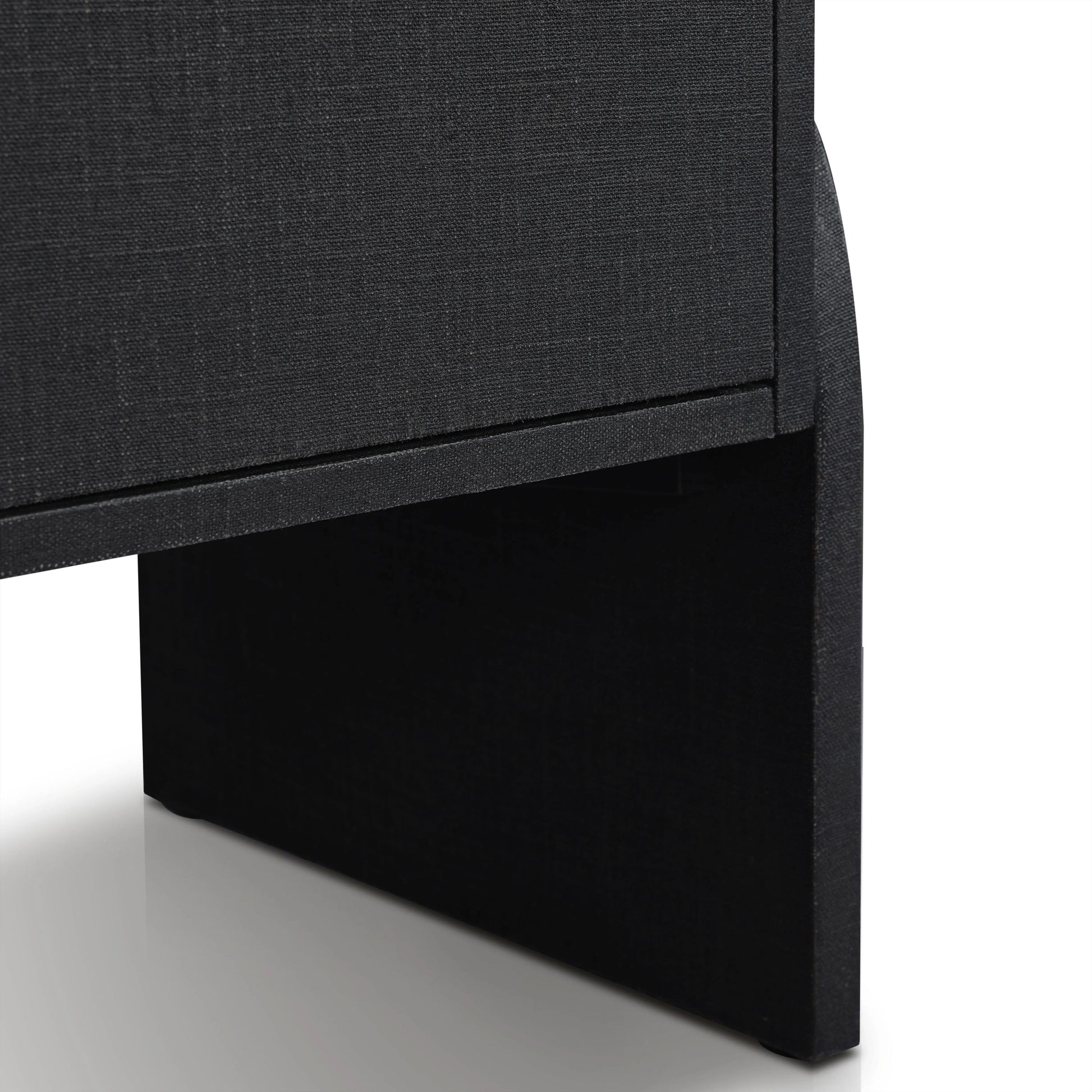 Talk about novelty. Made from painted black linen, arched legs soften otherwise clean, modern shaping. Gunmetal, half-moon iron hardware completes the look. Rear cutouts for cord management Amethyst Home provides interior design, new home construction design consulting, vintage area rugs, and lighting in the Alpharetta metro area.