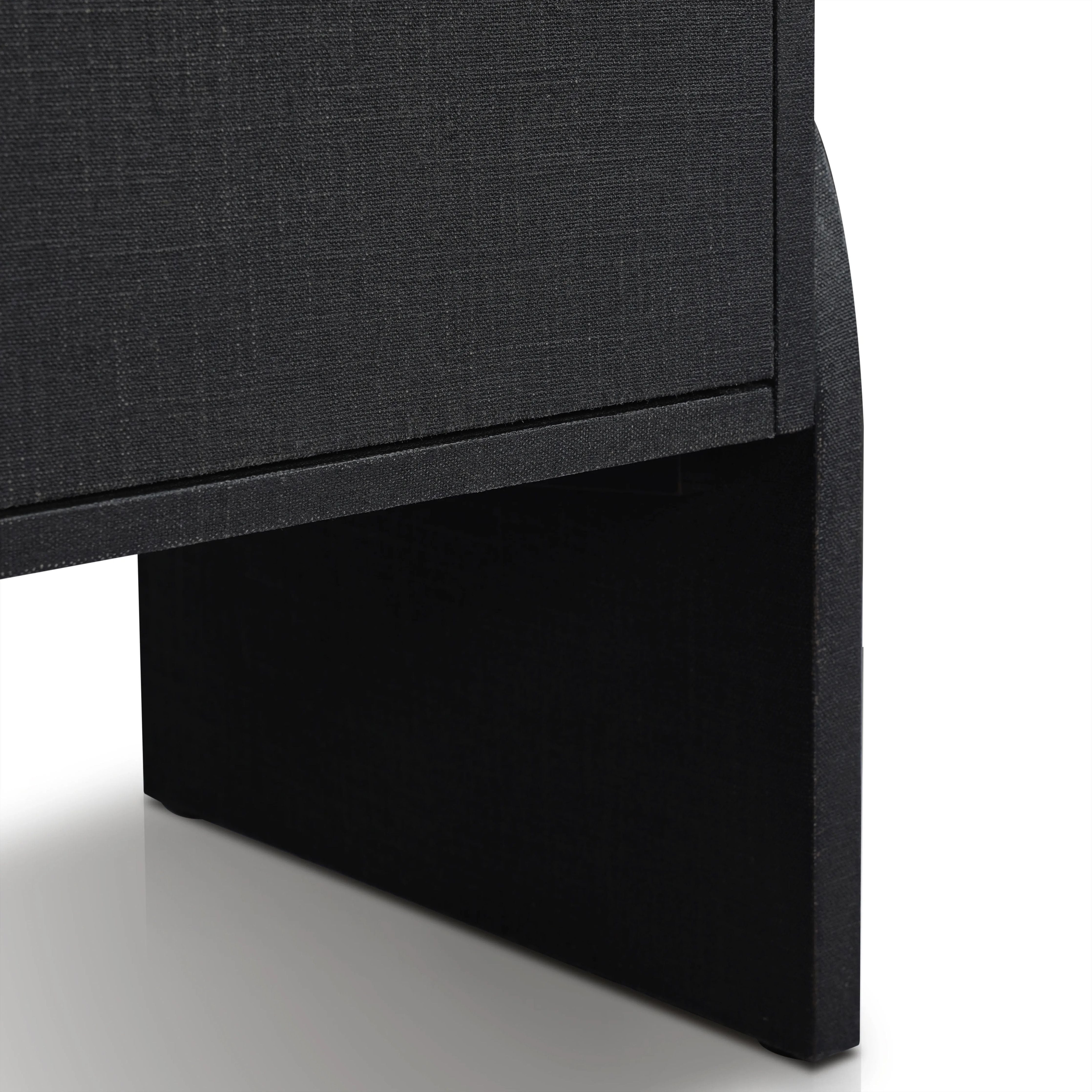 Talk about novelty. Made from painted black linen, arched legs soften otherwise clean, modern shaping. Gunmetal, half-moon iron hardware completes the look. Rear cutouts for cord management Amethyst Home provides interior design, new home construction design consulting, vintage area rugs, and lighting in the Alpharetta metro area.