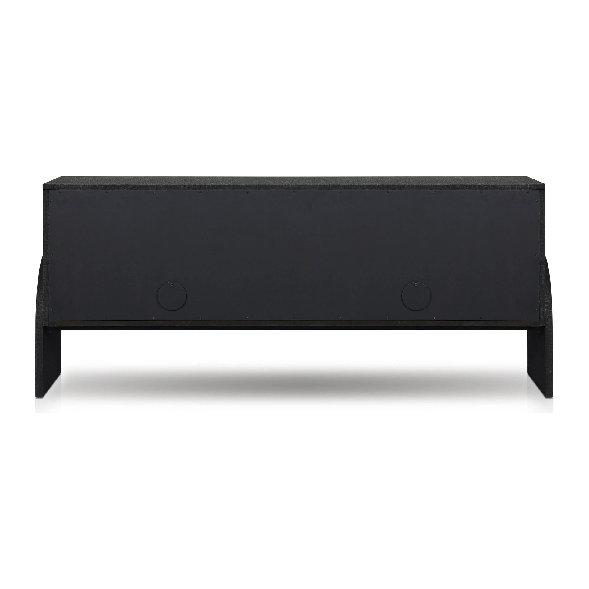 Talk about novelty. Made from painted black linen, arched legs soften otherwise clean, modern shaping. Gunmetal, half-moon iron hardware completes the look. Rear cutouts for cord management Amethyst Home provides interior design, new home construction design consulting, vintage area rugs, and lighting in the Calabasas metro area.