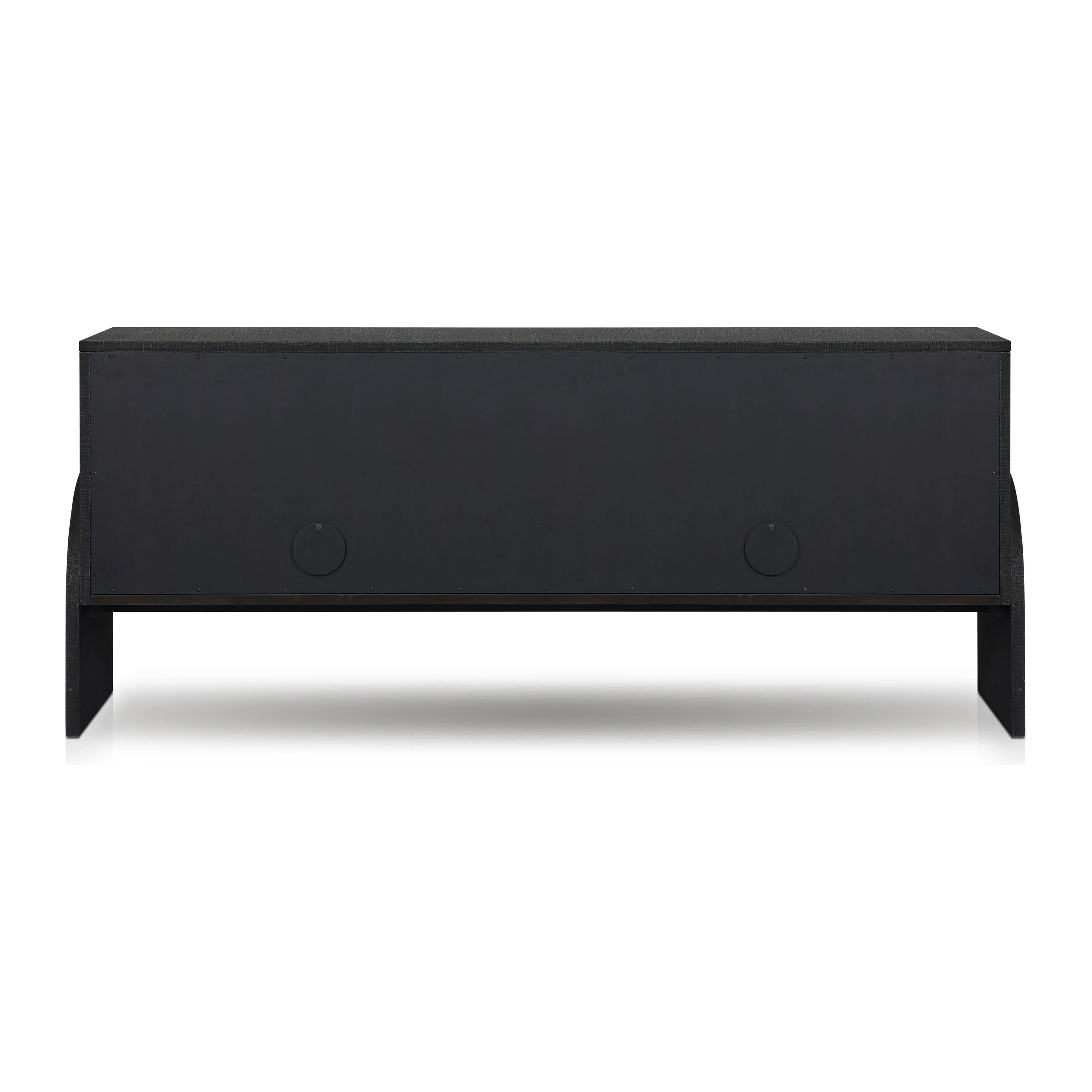 Talk about novelty. Made from painted black linen, arched legs soften otherwise clean, modern shaping. Gunmetal, half-moon iron hardware completes the look. Rear cutouts for cord management Amethyst Home provides interior design, new home construction design consulting, vintage area rugs, and lighting in the Calabasas metro area.