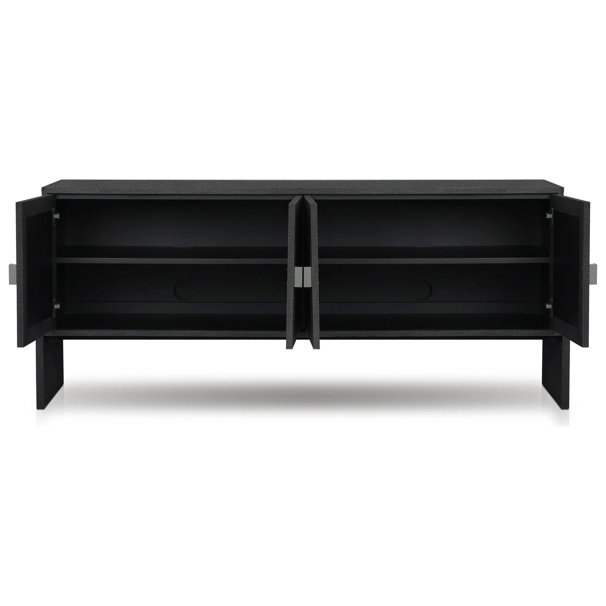 Talk about novelty. Made from painted black linen, arched legs soften otherwise clean, modern shaping. Gunmetal, half-moon iron hardware completes the look. Rear cutouts for cord management Amethyst Home provides interior design, new home construction design consulting, vintage area rugs, and lighting in the Seattle metro area.