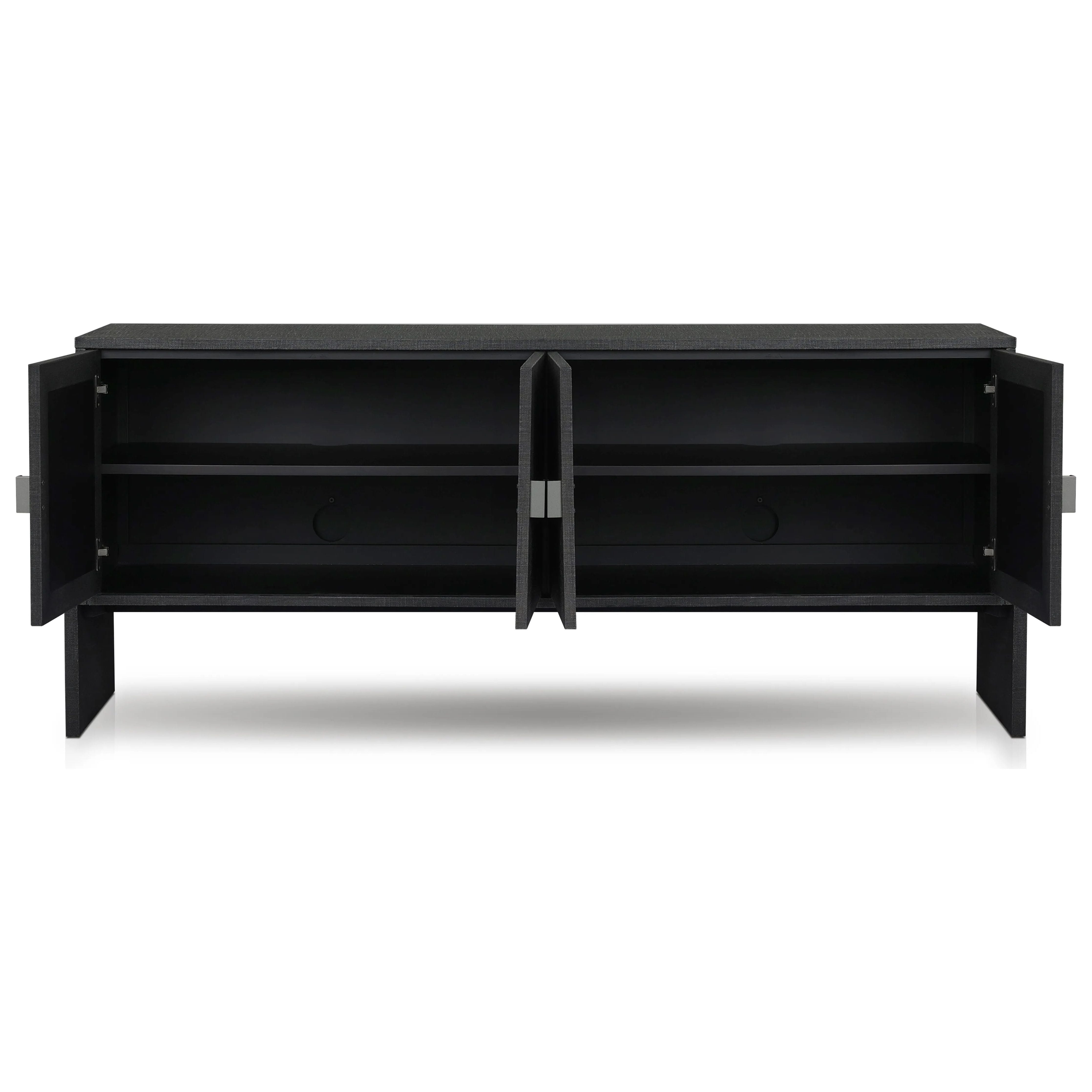 Talk about novelty. Made from painted black linen, arched legs soften otherwise clean, modern shaping. Gunmetal, half-moon iron hardware completes the look. Rear cutouts for cord management Amethyst Home provides interior design, new home construction design consulting, vintage area rugs, and lighting in the Seattle metro area.