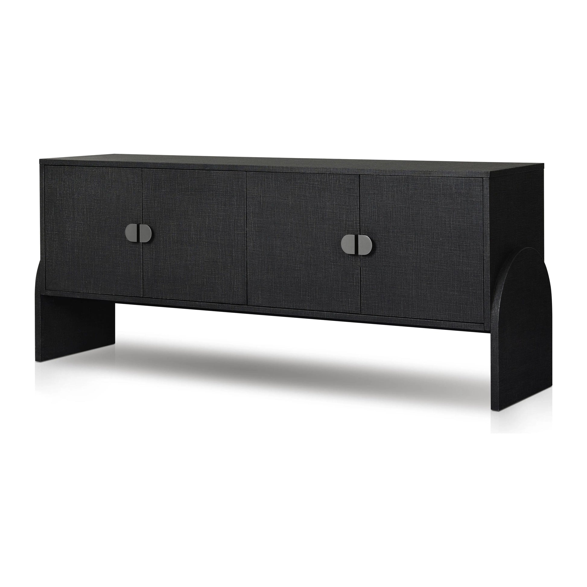 Talk about novelty. Made from painted black linen, arched legs soften otherwise clean, modern shaping. Gunmetal, half-moon iron hardware completes the look. Rear cutouts for cord management Amethyst Home provides interior design, new home construction design consulting, vintage area rugs, and lighting in the Washington metro area.