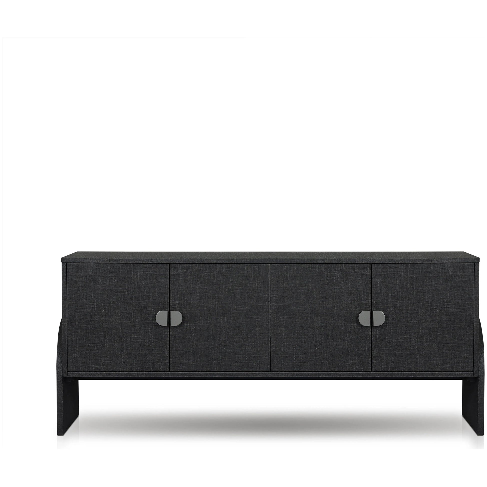Talk about novelty. Made from painted black linen, arched legs soften otherwise clean, modern shaping. Gunmetal, half-moon iron hardware completes the look. Rear cutouts for cord management Amethyst Home provides interior design, new home construction design consulting, vintage area rugs, and lighting in the Winter Garden metro area.