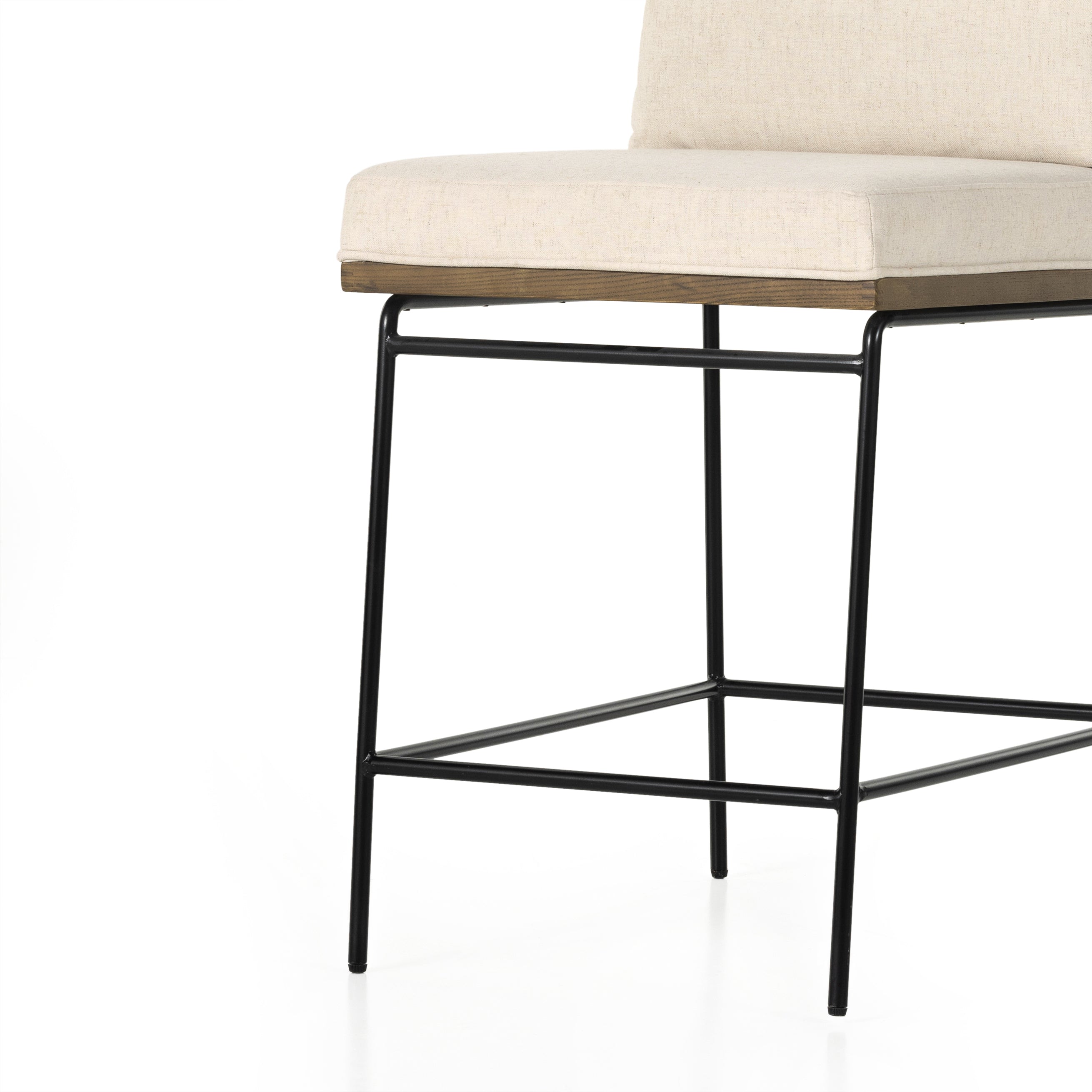 Crisp and clean, with natural panache. Slim, black-finished iron frames a floating ladderback of honey-finished oak and cream-colored high-performance seating. Rear handle detail adds a fashionable finishing touch. Performance fabrics are specially created to withstand spills, stains, high traffic and wear, ensuring long-term comfort and unmatched durability. Amethyst Home provides interior design, new construction, custom furniture, and area rugs in the Los Angeles metro area.