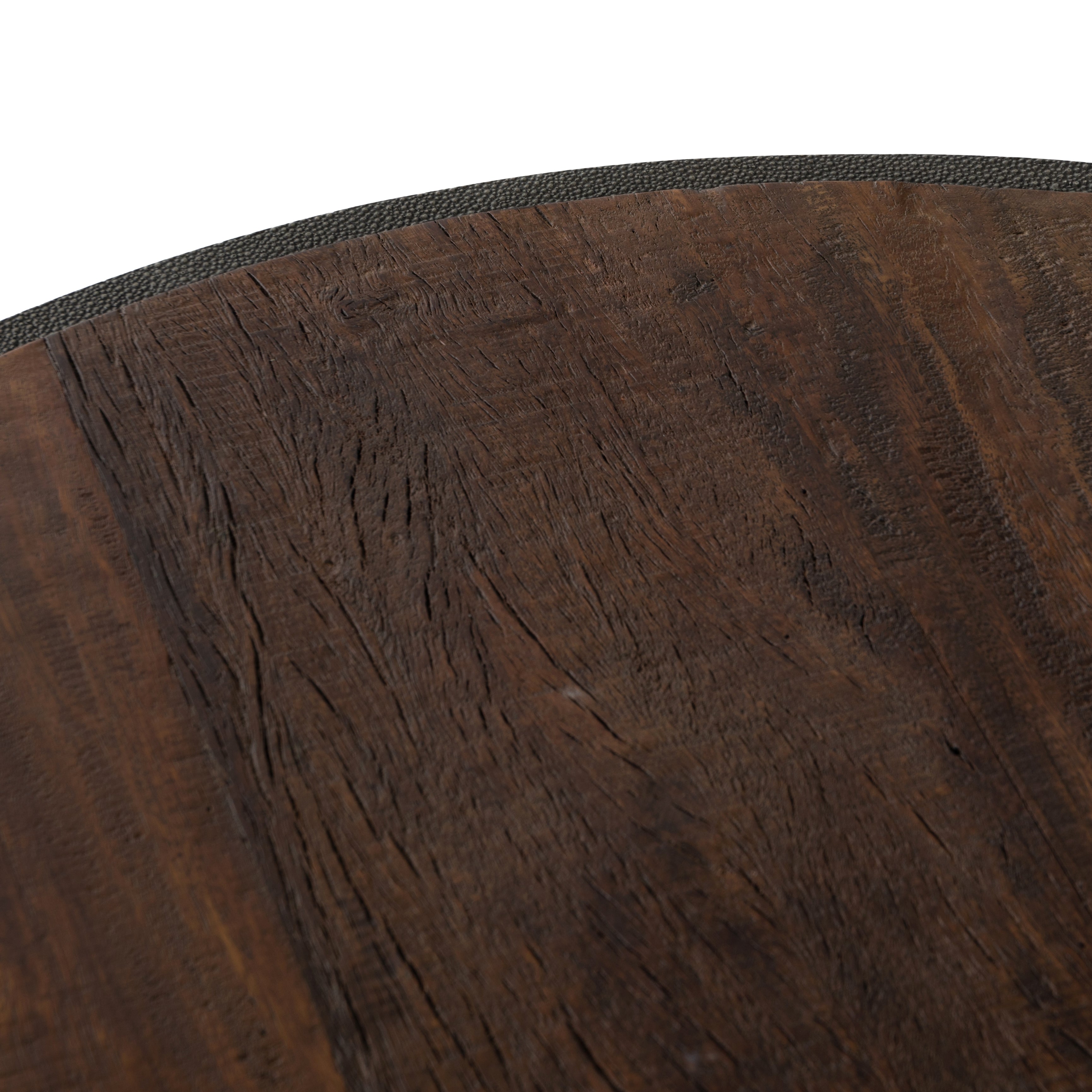 Featuring Crosby Charcoal Round Coffee Table by Four Hands at Amethyst Home. Mixed materials and the simplest of shapes offer a dramatic centerpiece for any space. Reclaimed peroba wood is supported by a textural faux shagreen base in soft grey. This piece is designed in collaboration with Thomas Bina. Four Hands partnership with the renowned Los Angeles furniture designer be. Amethyst Home provides interior design, new construction, custom furniture, and area rugs in the Winter Garden metro area.