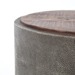 Featuring Crosby Charcoal Shagreen Side Table by Four Hands at Amethyst Home. Mixed materials and the simplest of shapes are sized to make a perfect side table. Reclaimed peroba wood is supported by a textural faux shagreen base in soft grey. This piece is designed in collaboration with Thomas Bina. Four Handsâ€™ partnership with the renowned Los Angeles furniture designer began i. Amethyst Home provides interior design, new construction, custom furniture, and area rugs in the Portland metro area.