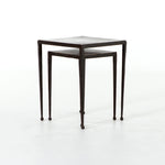 Featuring Dalston Antique Rust Nesting End Tables by Four Hands at Amethyst Home. Slender styling adopts depth from swirls of antique tones. Tapered legs with rounded feet bring balanced footing to streamlined shaping. Aluminum tops are squared-off and finished in a rich rust. Â  Large nesting table measures 16"W x 21.25"H. Small table measures 12.5"W x 18.25"H.
Collection: Marlow. Amethyst Home provides interior design, new construction, custom furniture, and area rugs in the Portland metro area.