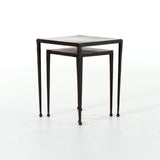 Featuring Dalston Antique Rust Nesting End Tables by Four Hands at Amethyst Home. Slender styling adopts depth from swirls of antique tones. Tapered legs with rounded feet bring balanced footing to streamlined shaping. Aluminum tops are squared-off and finished in a rich rust. Â  Large nesting table measures 16"W x 21.25"H. Small table measures 12.5"W x 18.25"H.
Collection: Marlow. Amethyst Home provides interior design, new construction, custom furniture, and area rugs in the Portland metro area.