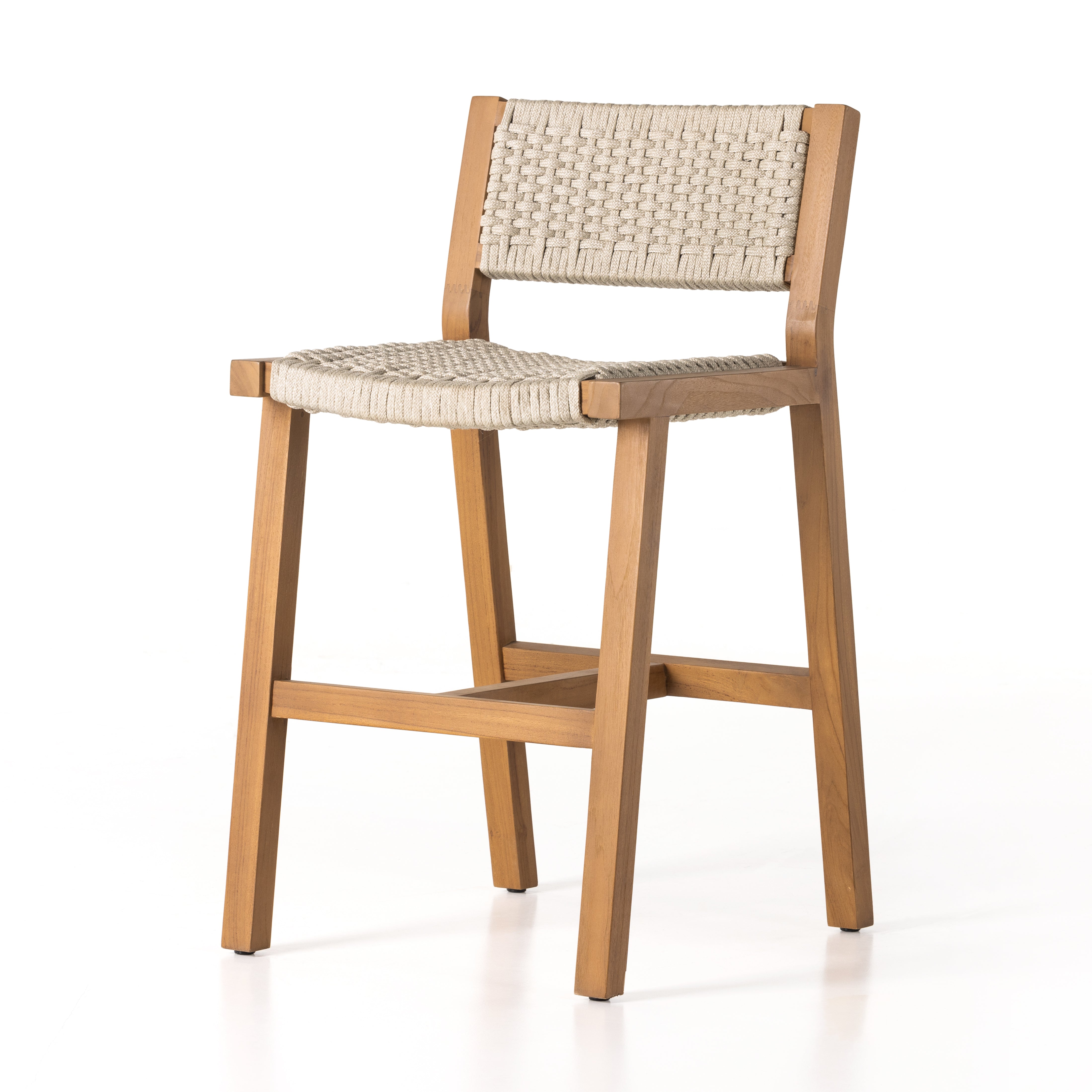A textural take on outdoor styling, the Delano Natural Teak stool welcomes thick, handwoven rope seating in an inviting ivory. Safe for outdoor spaces. Cover or store indoors during inclement weather and when not in use. Amethyst Home provides interior design, new home construction design consulting, vintage area rugs, and lighting in the Tampa metro area.