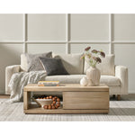 Performance-grade fabric brings surprising livability to a show-stopping silhouette. Pristinely tailored ivory upholstery exudes elegance, with clean track arms and loose feather-blend cushioning for total comfort. Cushions not reversible. Amethyst Home provides interior design, new construction, custom furniture, and area rugs in the Calabasas metro area.