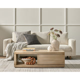 Performance-grade fabric brings surprising livability to a show-stopping silhouette. Pristinely tailored ivory upholstery exudes elegance, with clean track arms and loose feather-blend cushioning for total comfort. Cushions not reversible. Amethyst Home provides interior design, new construction, custom furniture, and area rugs in the Calabasas metro area.