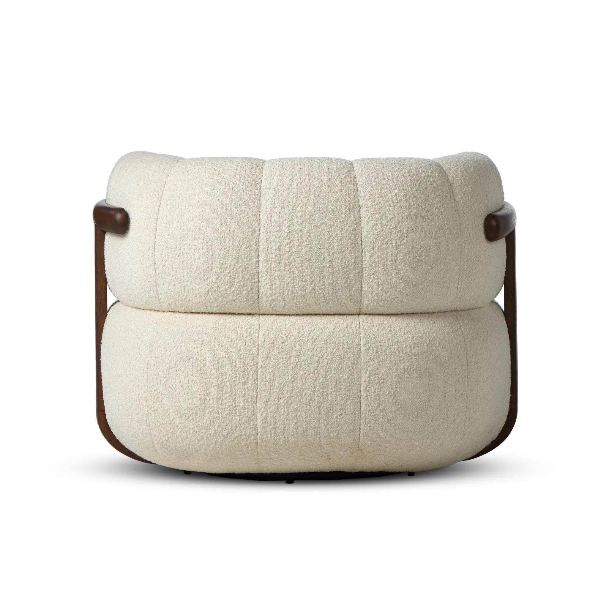 The ultimate in polished media style seating has arrived. Framed in oak, this 360-degree swivel chair is constructed with two separate pieces â€” the seat and the back. The piece features evenly spaced spring suspension and a soft snow textile stitched into 5.5-inch channels for stylish comfort.Collection: Farro Amethyst Home provides interior design, new home construction design consulting, vintage area rugs, and lighting in the Alpharetta metro area.