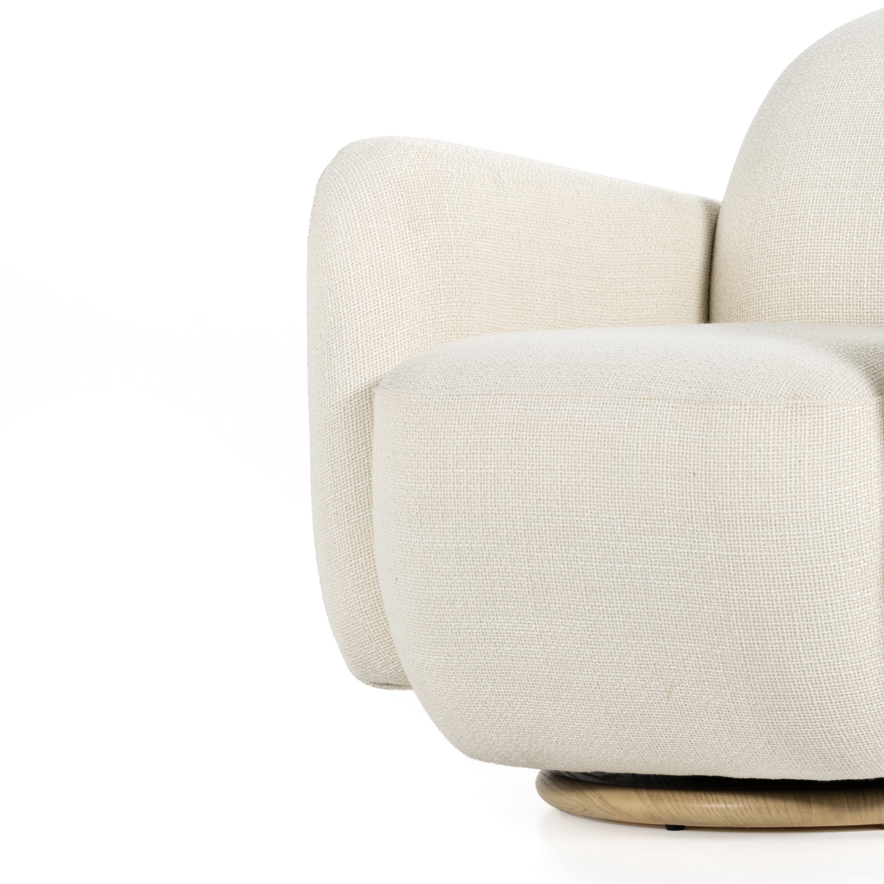 Featuring Enya Gibson White Swivel Chair by Four Hands at Amethyst Home. With soft volume and exaggerated curves, the Enya Gibson White Swivel Chair is upholstered with high-performance fabric atop a plinth-style swivel base. Performance fabrics are specially created to withstand spills, stains, high traffic and wear, ensuring long-term comfort and unmatched durability.
Overall Dimensions: 30". Amethyst Home provides interior design services, furniture, rugs, and lighting in the Dallas metro area.