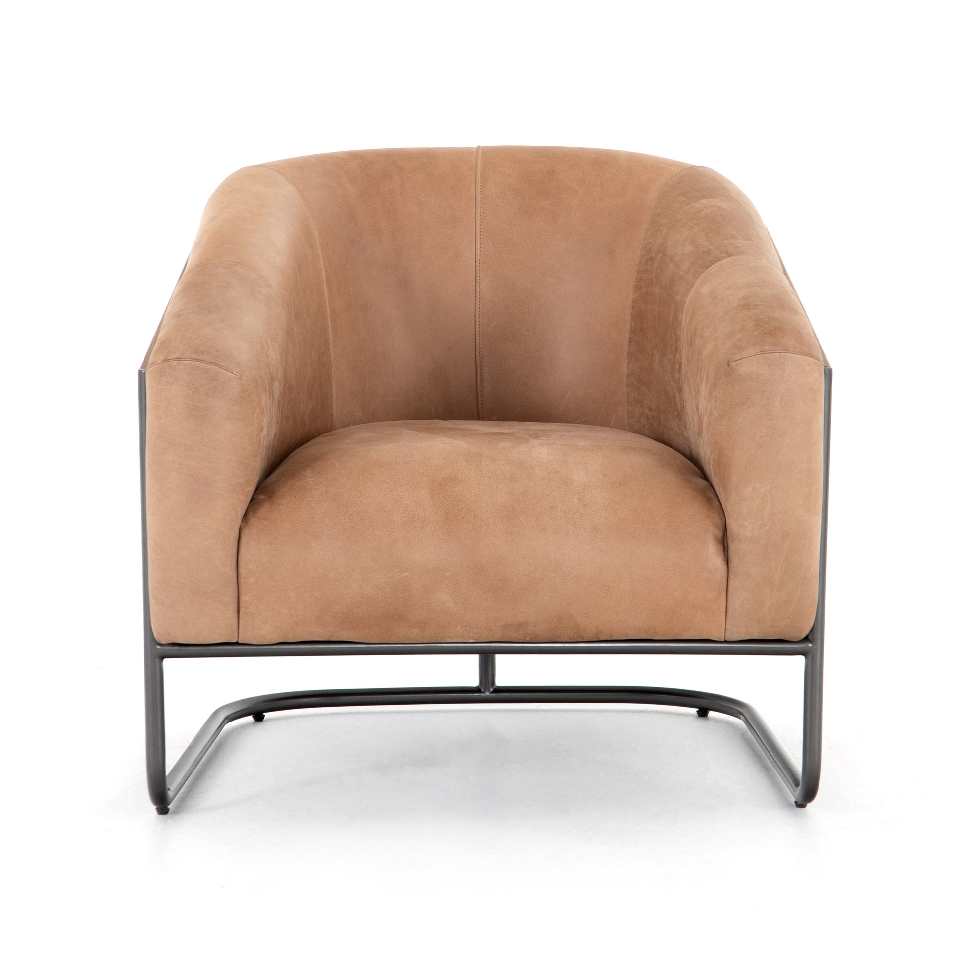Deco-driven elegance. A fresh take on the traditional cigar chair, impeccably tailored tan top-grain leather forms a curvy U shape, with solid parawood detailing adding interest to gunmetal-finished iron framing. Amethyst Home provides interior design, new construction, custom furniture, and area rugs in the Portland metro area.