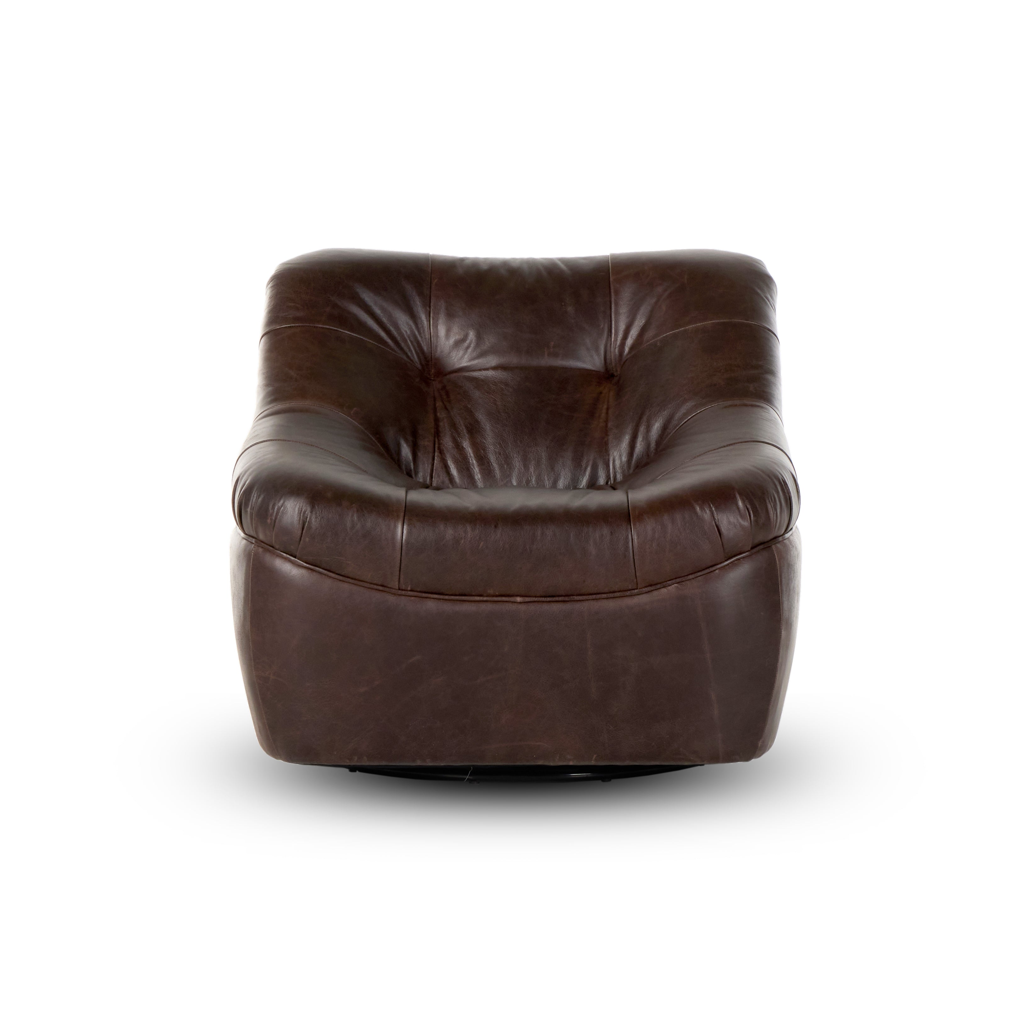 Featuring Farley Conroe Cigar Swivel Chair by Four Hands at Amethyst Home. Modern meets vintage on a 360-degree swivel. Designed with comfort in mind, this armless seating style is upholstered in a vintage-like top-grain leather with lustrous highs and lows. Blind tufting and subtly flared sides offer a true "sink-in" seating experience, while a 360-degree swivel adds modernity. Amethyst Home provides interior design, new construction, custom furniture, and area rugs in the Kansas City metro area.