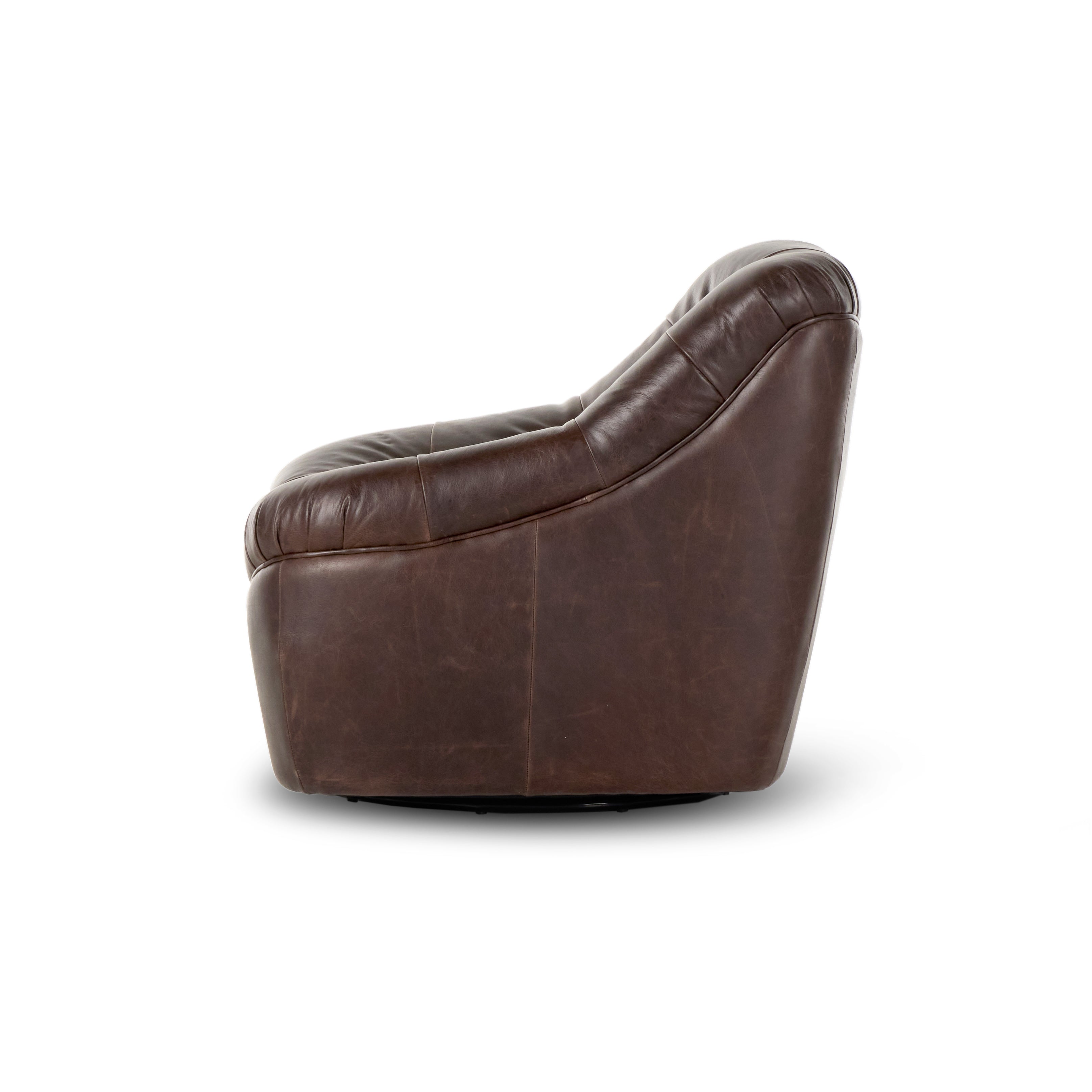 Featuring Farley Conroe Cigar Swivel Chair by Four Hands at Amethyst Home. Modern meets vintage on a 360-degree swivel. Designed with comfort in mind, this armless seating style is upholstered in a vintage-like top-grain leather with lustrous highs and lows. Blind tufting and subtly flared sides offer a true "sink-in" seating experience, while a 360-degree swivel adds modern. Amethyst Home provides interior design, new construction, custom furniture, and area rugs in the Salt Lake City metro area.