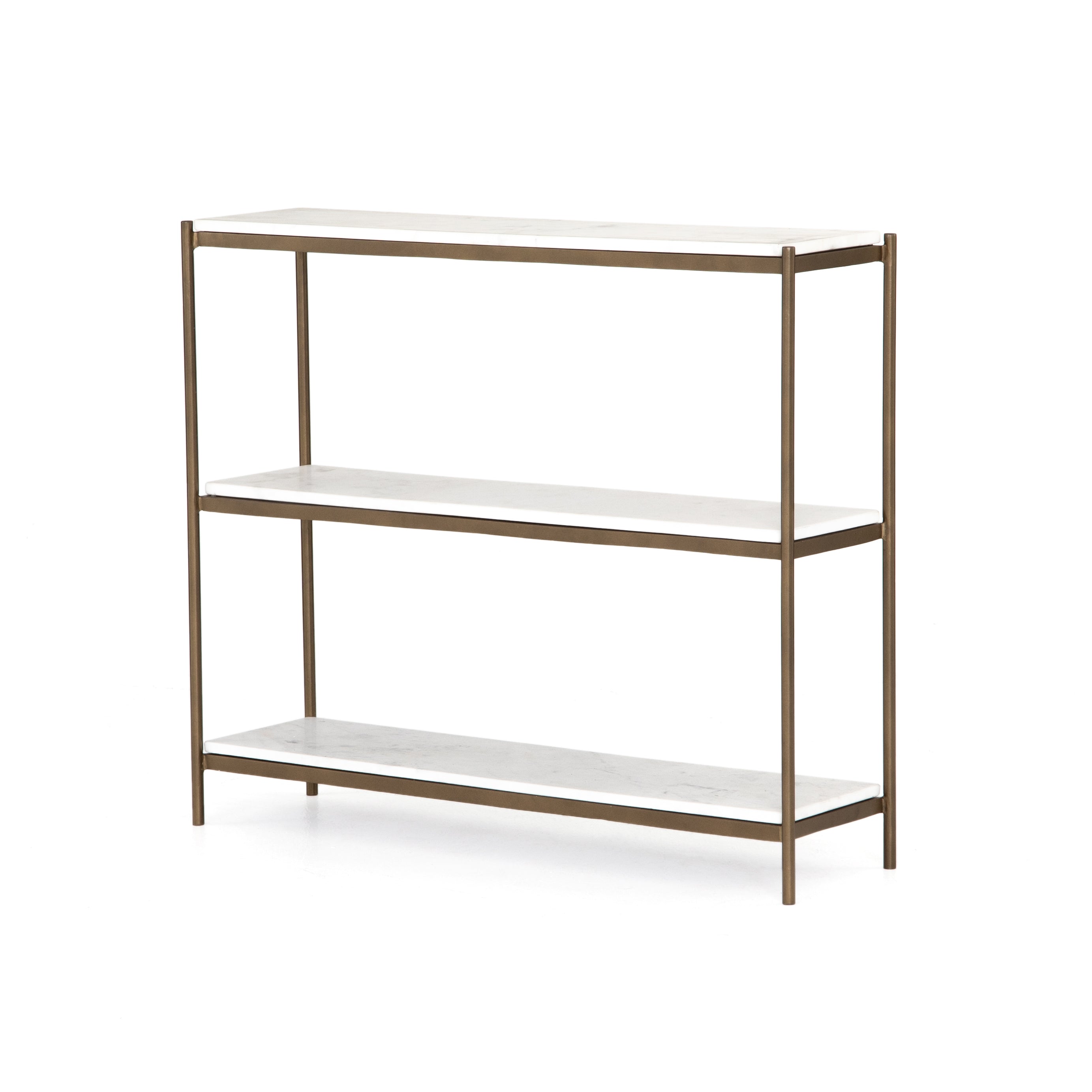 Add a pop of sophistication to any space. Polished white marble lays three tiers of smooth shelving for an open style with plenty of surface area. Hammered grey framing places a feminine-industrial spin on console storage. Amethyst Home provides interior design, new home construction design consulting, vintage area rugs, and lighting in the Houston metro area.