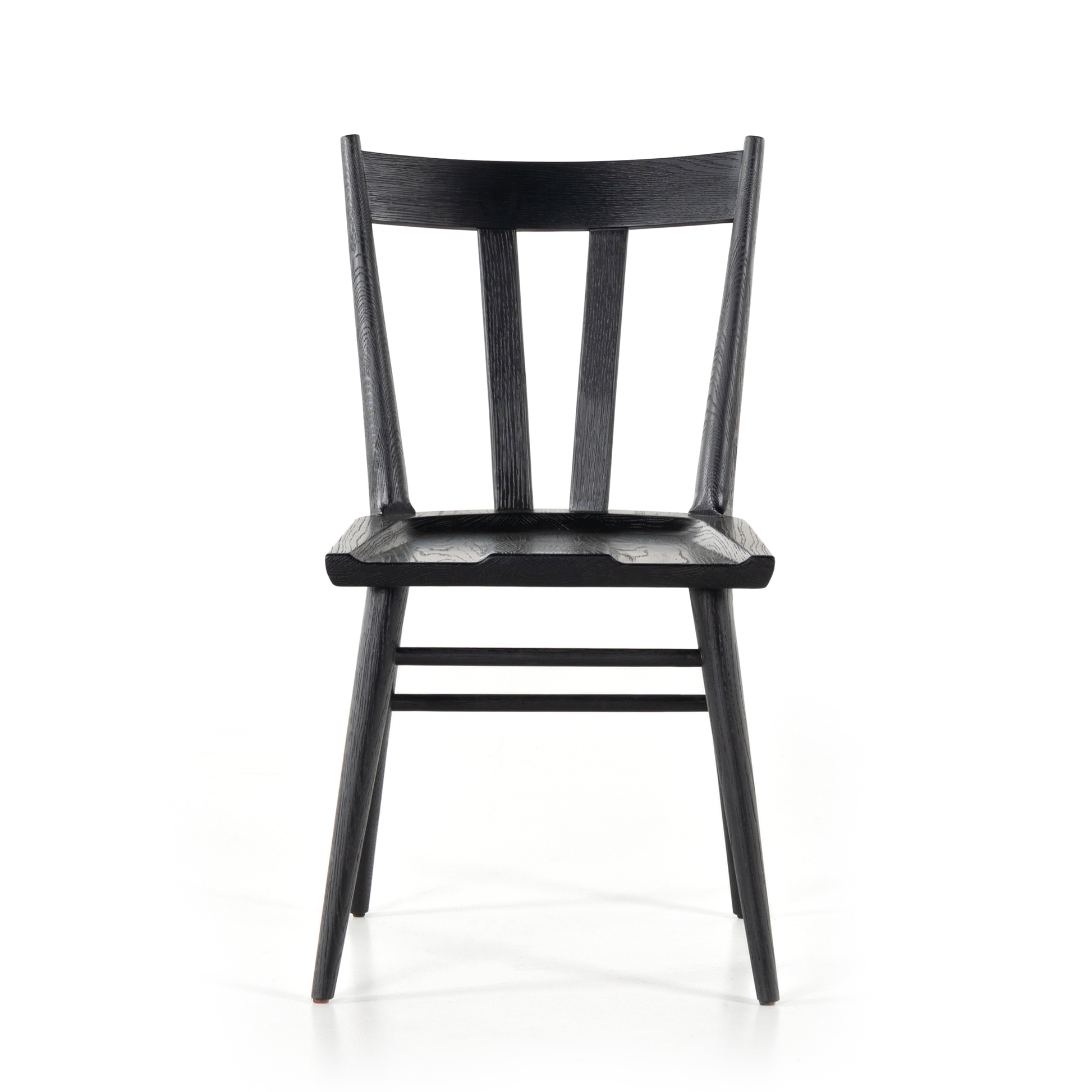 Finished in a beautifully classic black oak, the Gregory Black Oak Dining Chair features a yoke-like back and widened supports, placing a fresh twist on the traditional Windsor. Amethyst Home provides interior design, new construction, custom furniture, and rugs for the Omaha metro area.