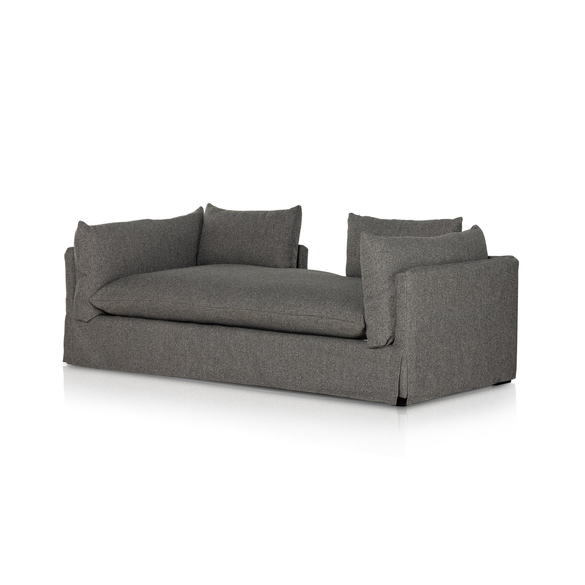 Chaise-style lounging, made for modern living. Neutral-toned upholstery covers shelter arms and oversize pillow-inspired cushion. Performance fabrics are specially created to withstand spills, stains, high traffic and wear, ensuring long-term comfort and unmatched durability. Amethyst Home provides interior design, new home construction design consulting, vintage area rugs, and lighting in the Denver metro and surrounding Mountain towns.