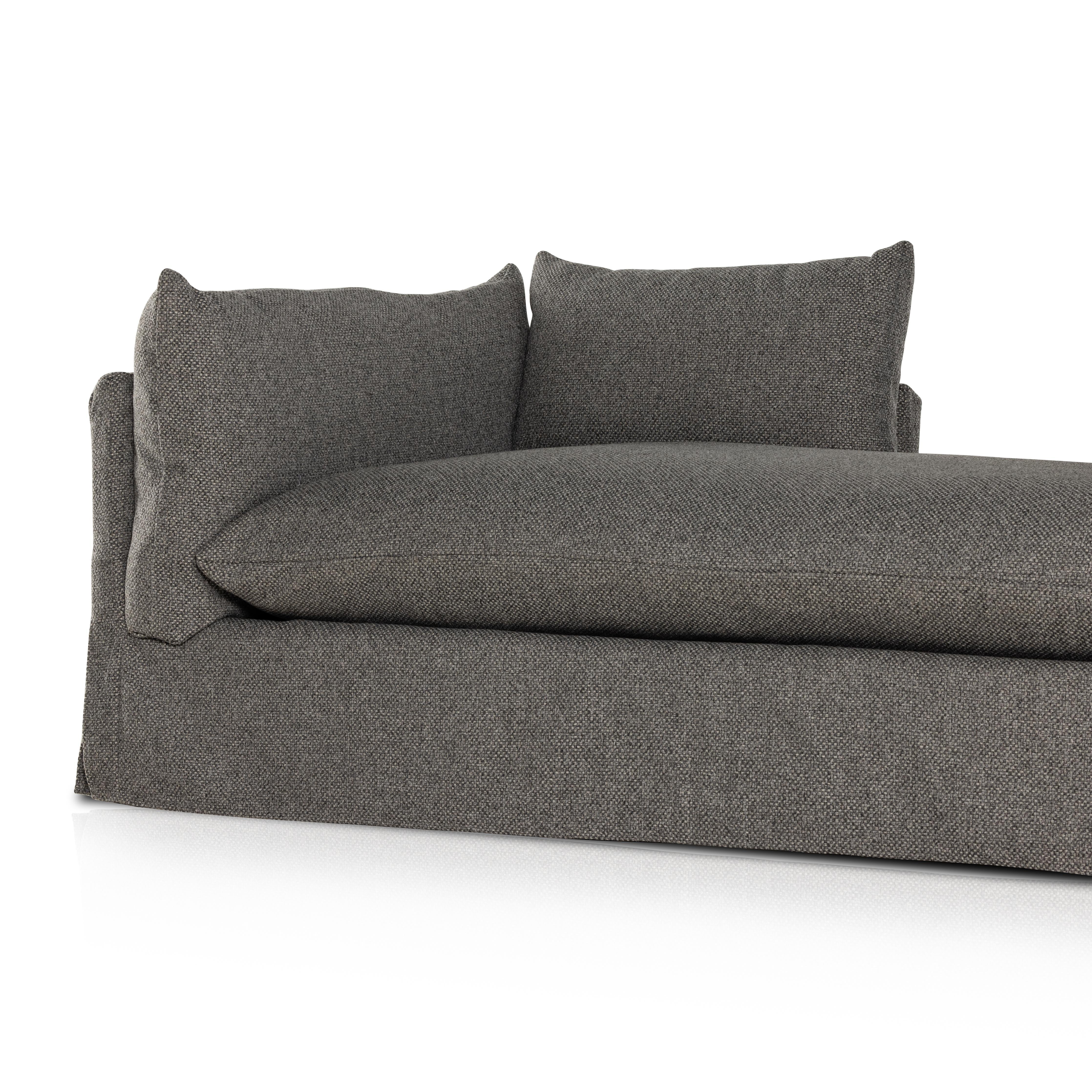 Chaise-style lounging, made for modern living. Neutral-toned upholstery covers shelter arms and oversize pillow-inspired cushion. Performance fabrics are specially created to withstand spills, stains, high traffic and wear, ensuring long-term comfort and unmatched durability. Amethyst Home provides interior design, new home construction design consulting, vintage area rugs, and lighting in the Charlotte metro area.