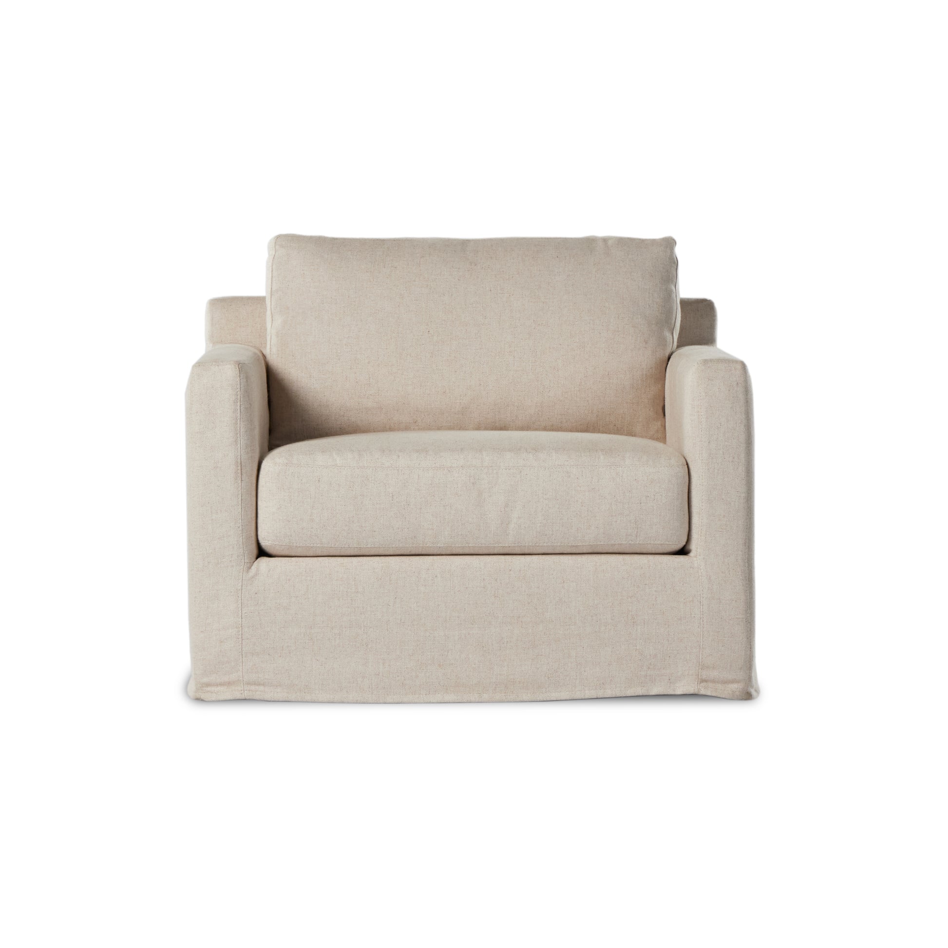 Proudly built by American makers using US-sourced materials and mechanisms. This classic swivel chair features clean track arms, a high, supportive back, feather filling and a 360-degree swivel. Upholstered with a fully removable slipcover of PFAS-free performance fabric that can be dry-cleaned for easy care. Amethyst Home provides interior design, new home construction design consulting, vintage area rugs, and lighting in the Houston metro area.