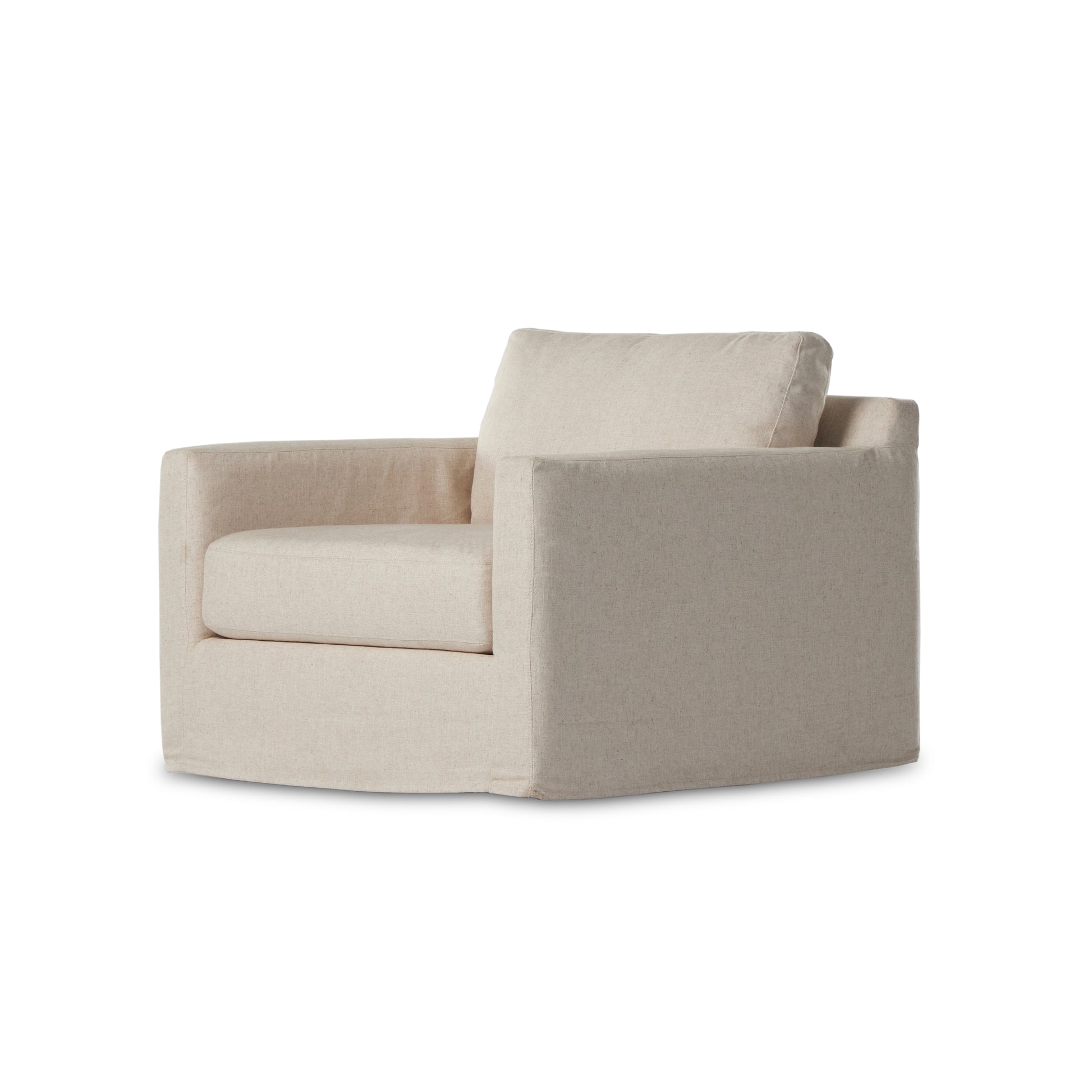 Proudly built by American makers using US-sourced materials and mechanisms. This classic swivel chair features clean track arms, a high, supportive back, feather filling and a 360-degree swivel. Upholstered with a fully removable slipcover of PFAS-free performance fabric that can be dry-cleaned for easy care. Amethyst Home provides interior design, new home construction design consulting, vintage area rugs, and lighting in the Omaha metro area.