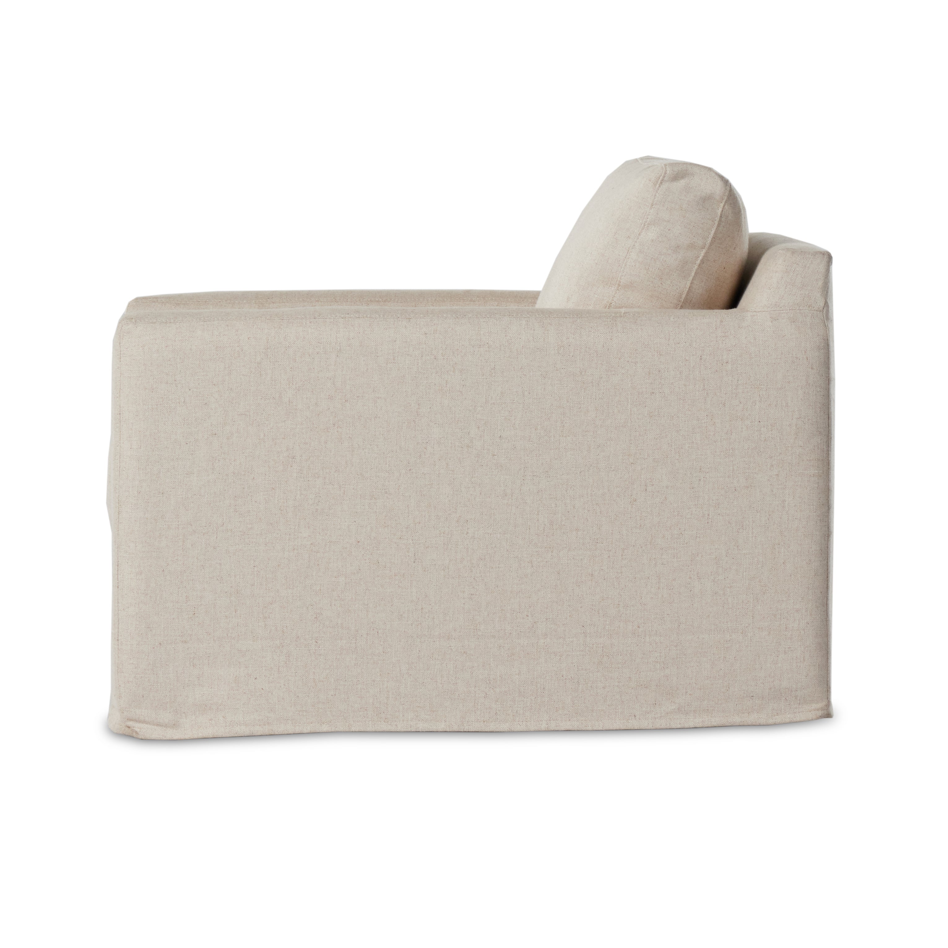 Proudly built by American makers using US-sourced materials and mechanisms. This classic swivel chair features clean track arms, a high, supportive back, feather filling and a 360-degree swivel. Upholstered with a fully removable slipcover of PFAS-free performance fabric that can be dry-cleaned for easy care. Amethyst Home provides interior design, new home construction design consulting, vintage area rugs, and lighting in the Park City metro area.