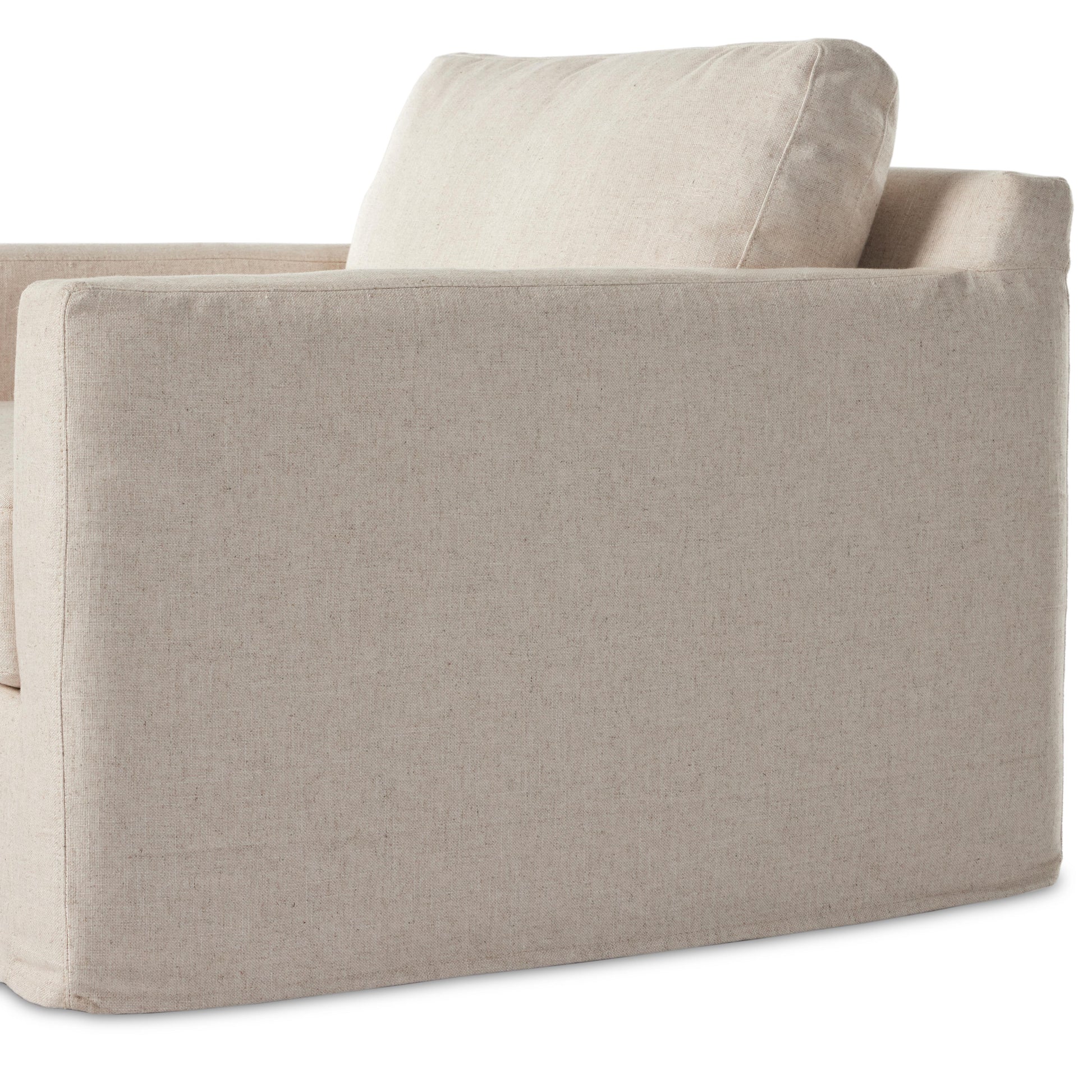 Proudly built by American makers using US-sourced materials and mechanisms. This classic swivel chair features clean track arms, a high, supportive back, feather filling and a 360-degree swivel. Upholstered with a fully removable slipcover of PFAS-free performance fabric that can be dry-cleaned for easy care. Amethyst Home provides interior design, new home construction design consulting, vintage area rugs, and lighting in the Portland metro area.